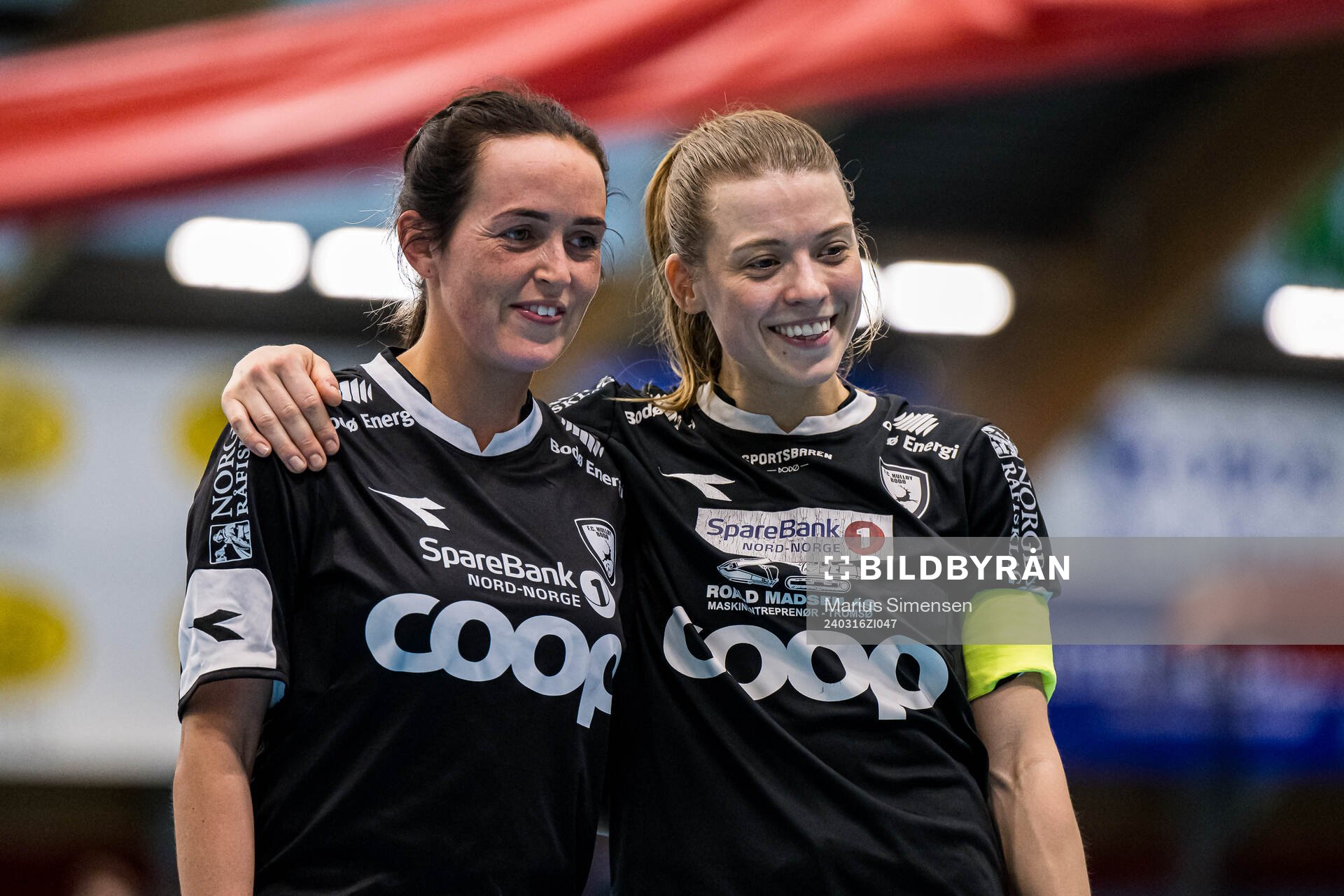 Monika Hunstad and Elisabeth Baade Aasli of Hulløy Bodø after the Norwegian Championship futsal match between XXX and XXX on March 16, 2024 in Drammen.