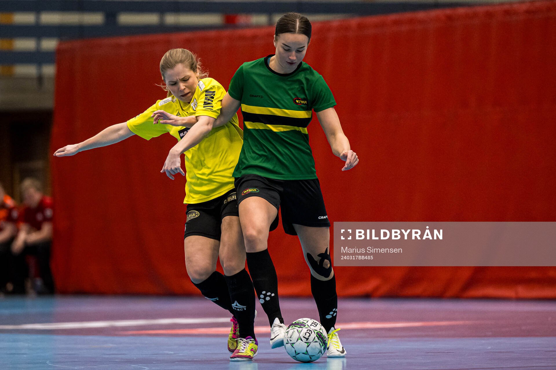Hanna Hågensen of Stakkevollan and Hedda Romslo Meyer of NTNUI during the Norwegian Championship futsal match between NTNUI and Stakkevollan on March 17, 2024 in Drammen.