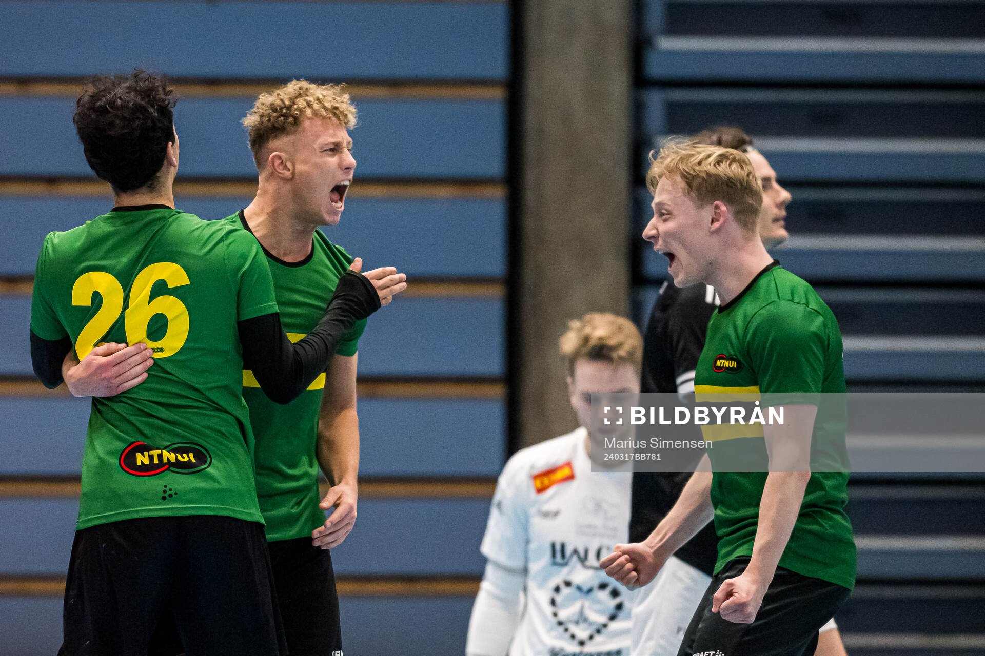 Stian Aabel of NTNUI celebrates after scoring the 2-1 goal during the Norwegian Championship futsal match between NTNUI and Utleira on March 17, 2024 in Drammen.