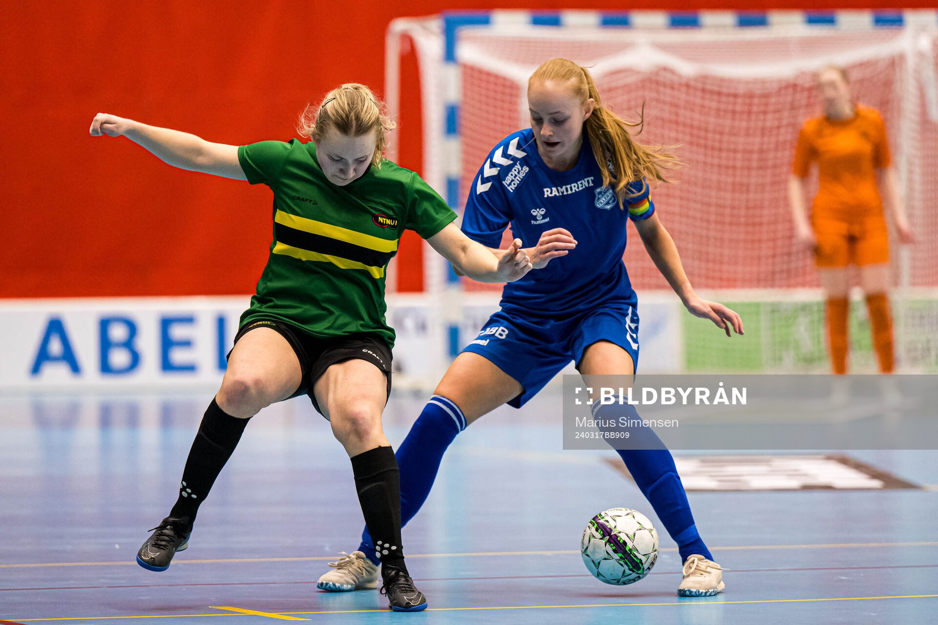 Julie Nervik Walstad of NTNUI and Marie Methi of Tiller during the Norwegian Championship futsal final match between NTNUI and Tiller on March 17, 2024 in Drammen.