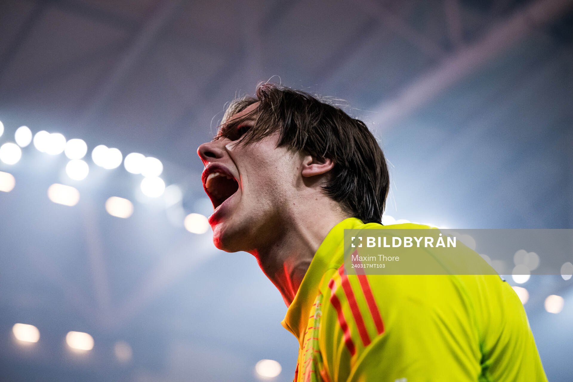 Djurgårdens målvakt Jacob Widell Zetterström jublar efter semifinalen i Svenska Cupen mellan AIK och Djurgården den 17 mars 2024 i Stockholm.