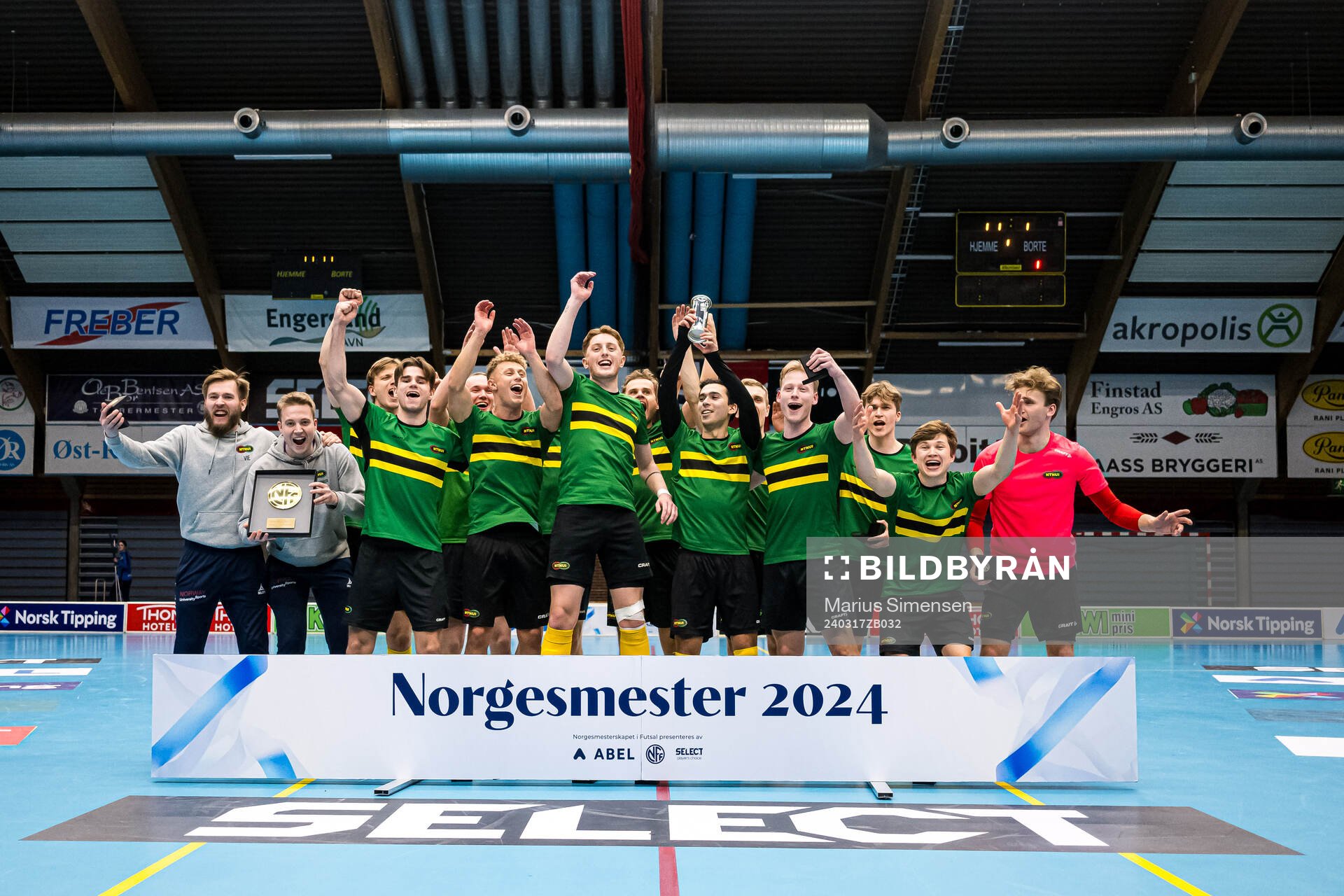 Players of NTNUI celebrates after the Norwegian Championship futsal celebrates at the final match between NTNUI and Sandefjord on March 17, 2024 in Drammen.