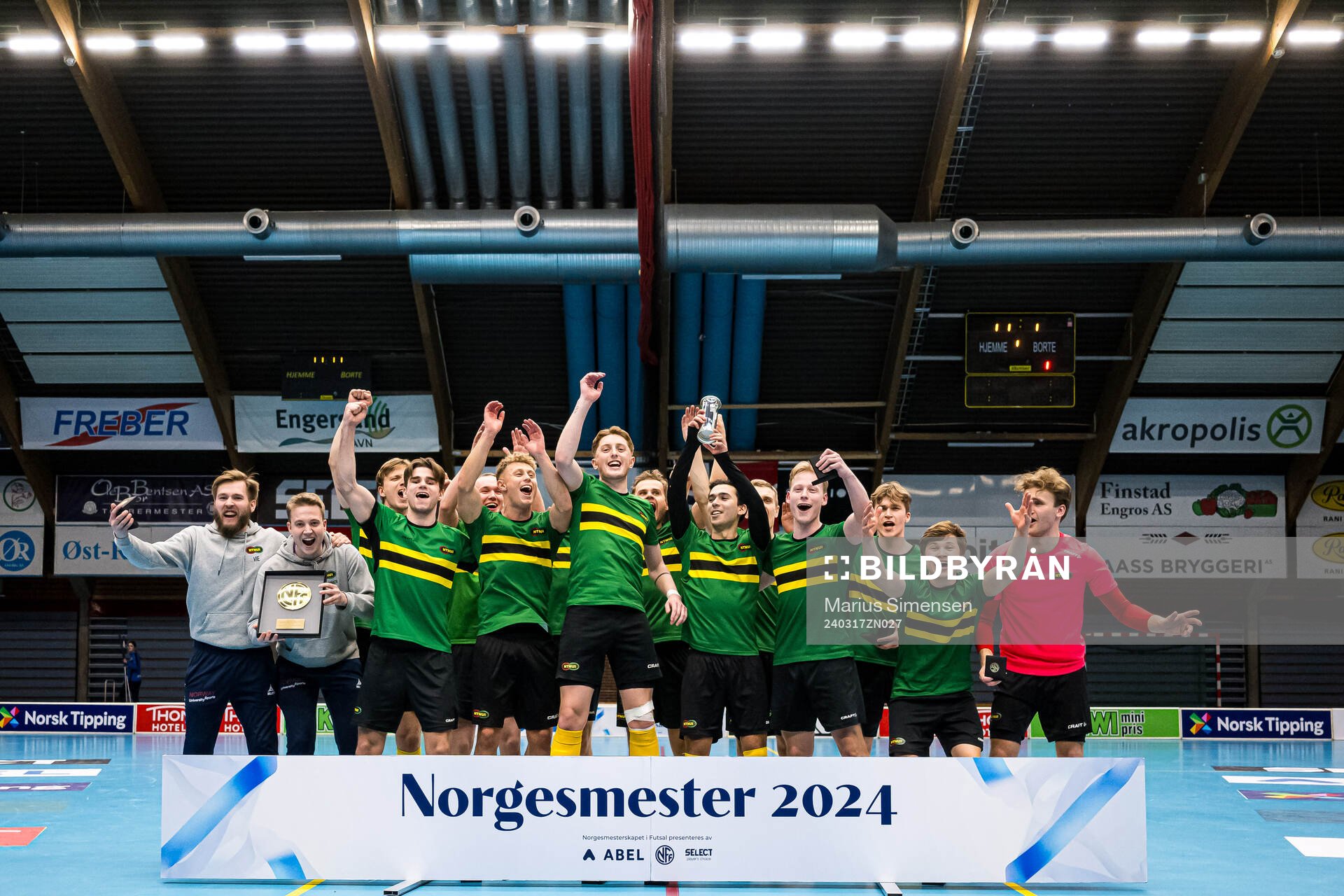 Players of NTNUI celebrates after the Norwegian Championship futsal celebrates at the final match between NTNUI and Sandefjord on March 17, 2024 in Drammen.