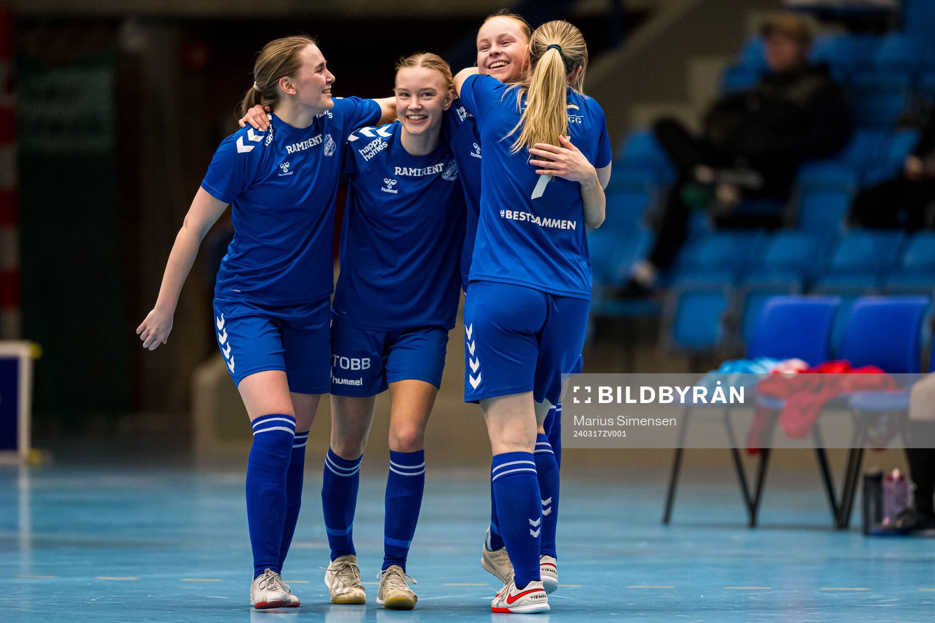 Marie Methi of Tiller celebrates after scoring the 0-2 goal during the Norwegian Championship futsal final match between NTNUI and Tiller on March 17, 2024 in Drammen.