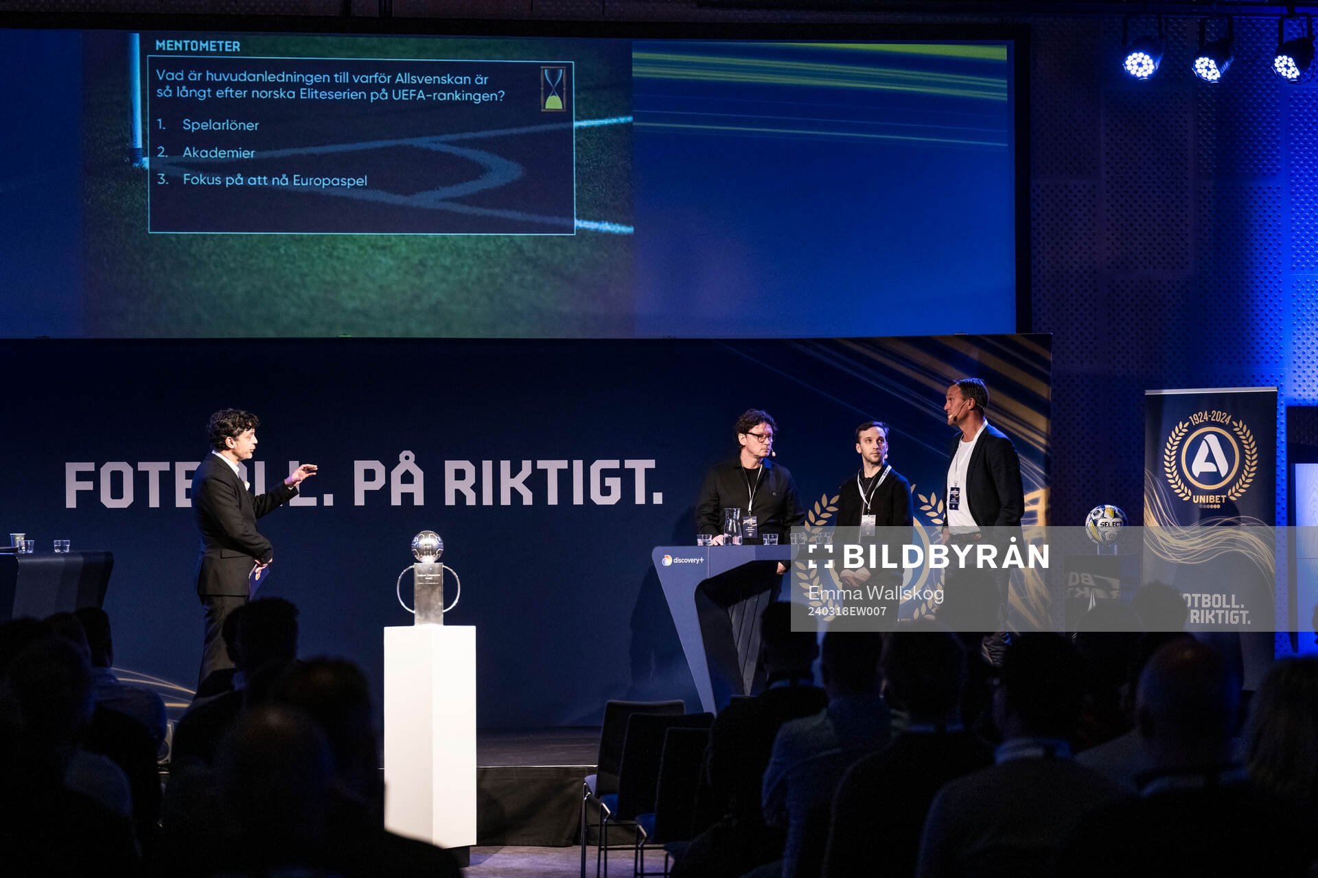 Tommy Åström, Stefan Andersson, Elfsborg, Noa Bachner, Expressen, och Svante Samuelsson, SEF, under fotbollsallsvenskans upptaktsträff den 18 mars 2024 i Stockholm.
