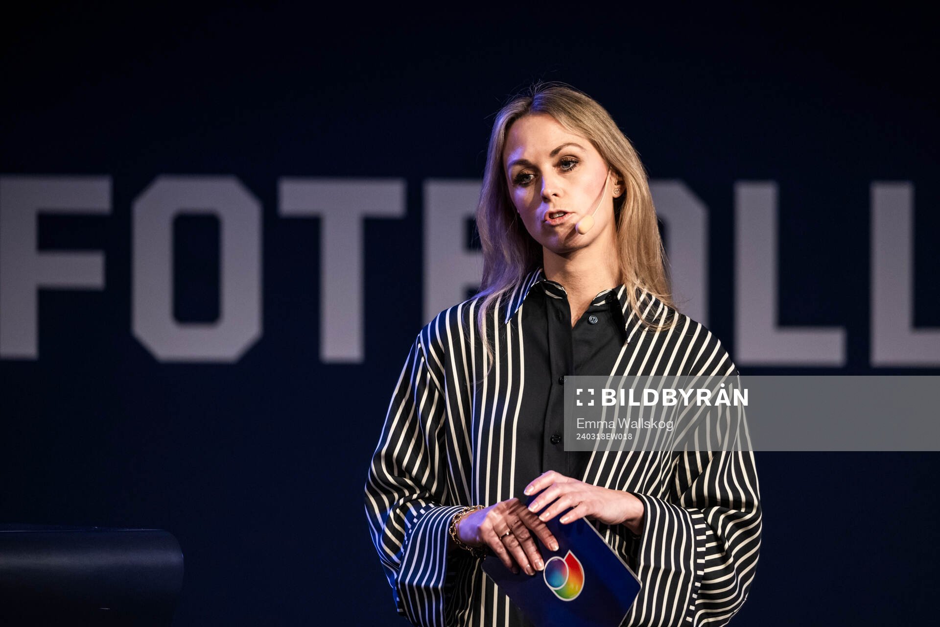 Karin Frick, Discovery, under fotbollsallsvenskans upptaktsträff den 18 mars 2024 i Stockholm. 