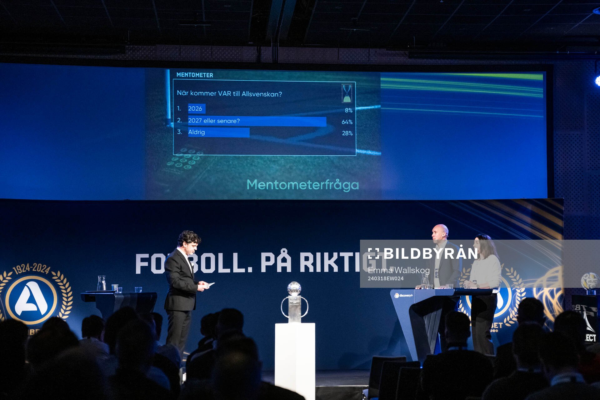 Tommy Åström, Discovery, Simon Åström, SEF, och Andrea Möllerberg, generalsekreterare Svenska fotbollförbundet, under fotbollsallsvenskans upptaktsträff den 18 mars 2024 i Stockholm.