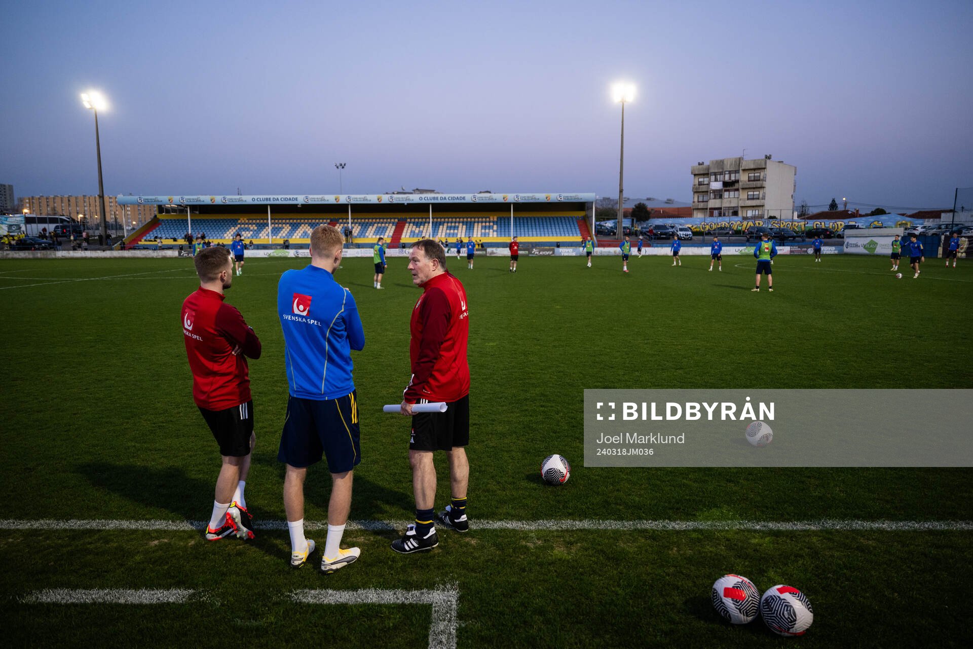 Assistant coach Sebastian Larsson, Hugo Larsson and assistant coach Remy Reijnierse of the Swedish men's national football team during a training session on March 18, 2024 in Porto.