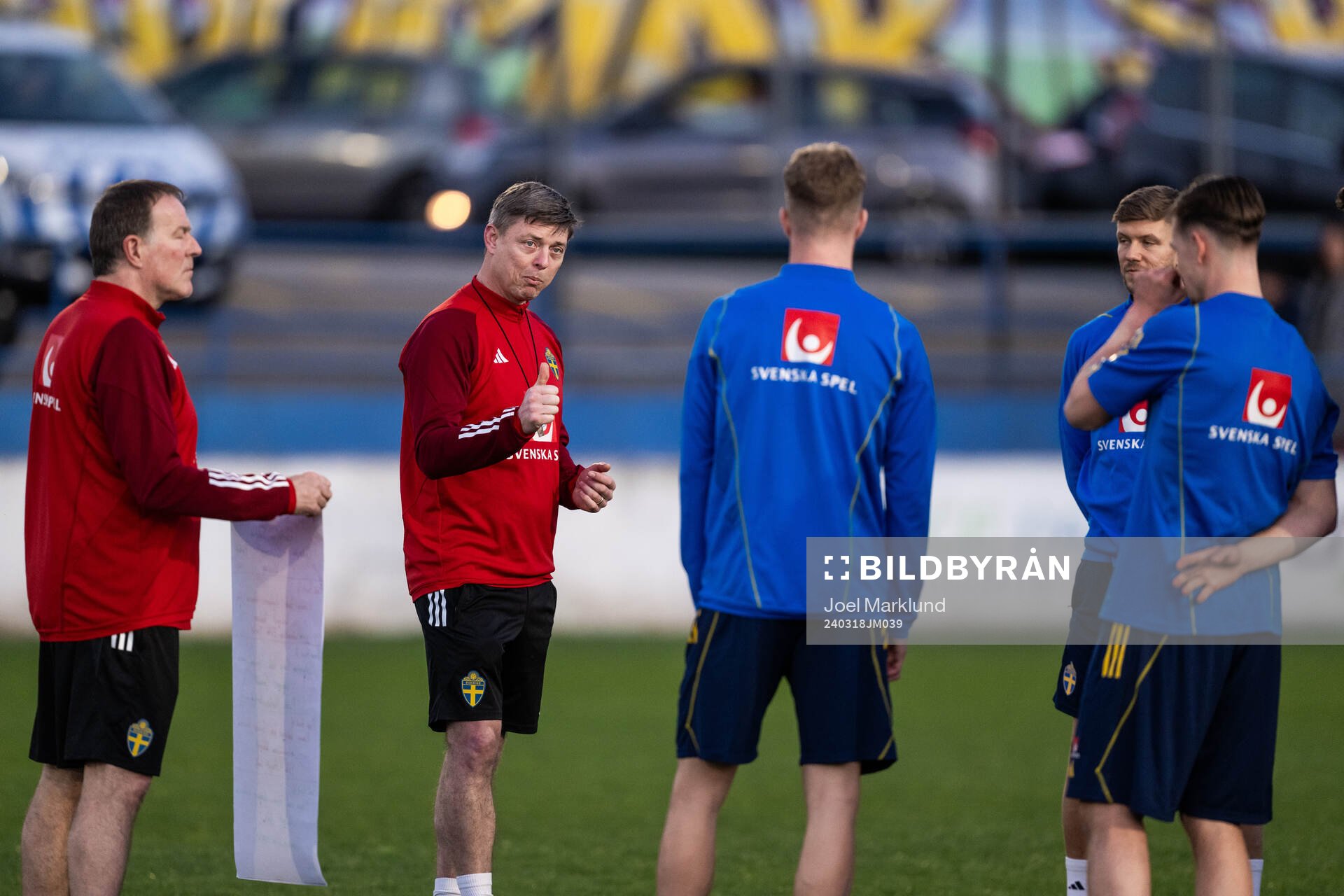 Assistant coach Remy Reijnierse and head coach Jon Dahl Tomasson of the Swedish men's national football team during a training session on March 18, 2024 in Porto.
