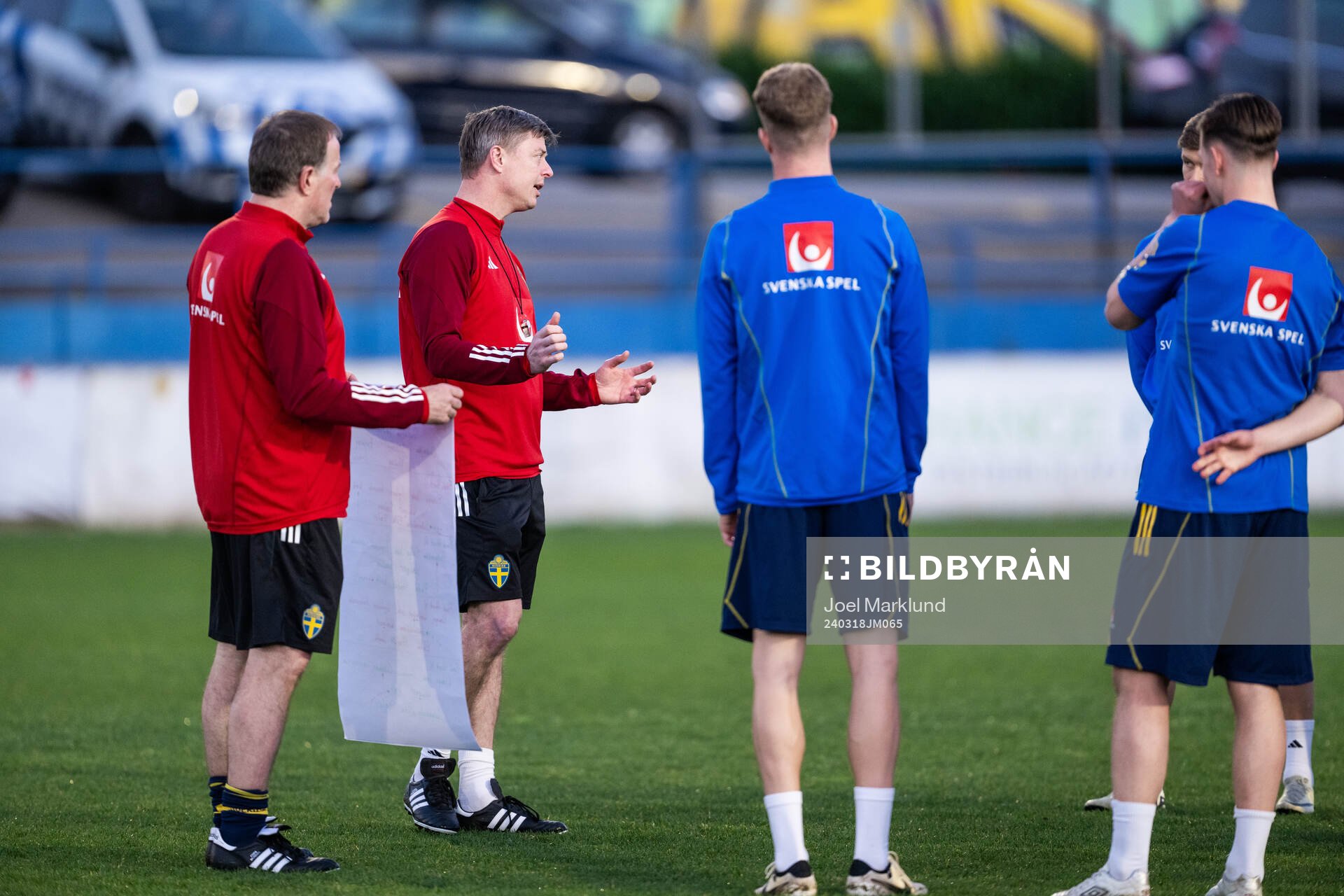 Assistant coach Remy Reijnierse and head coach Jon Dahl Tomasson of the Swedish men's national football team during a training session on March 18, 2024 in Porto.