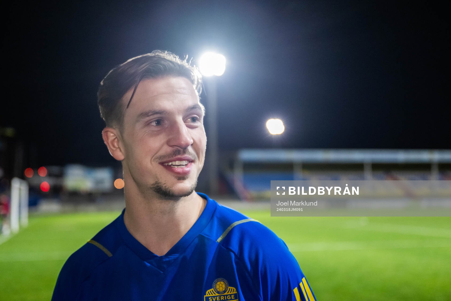 Simon Olsson of the Swedish men's national football team in the mixed zone after a training session on March 18, 2024 in Porto. 