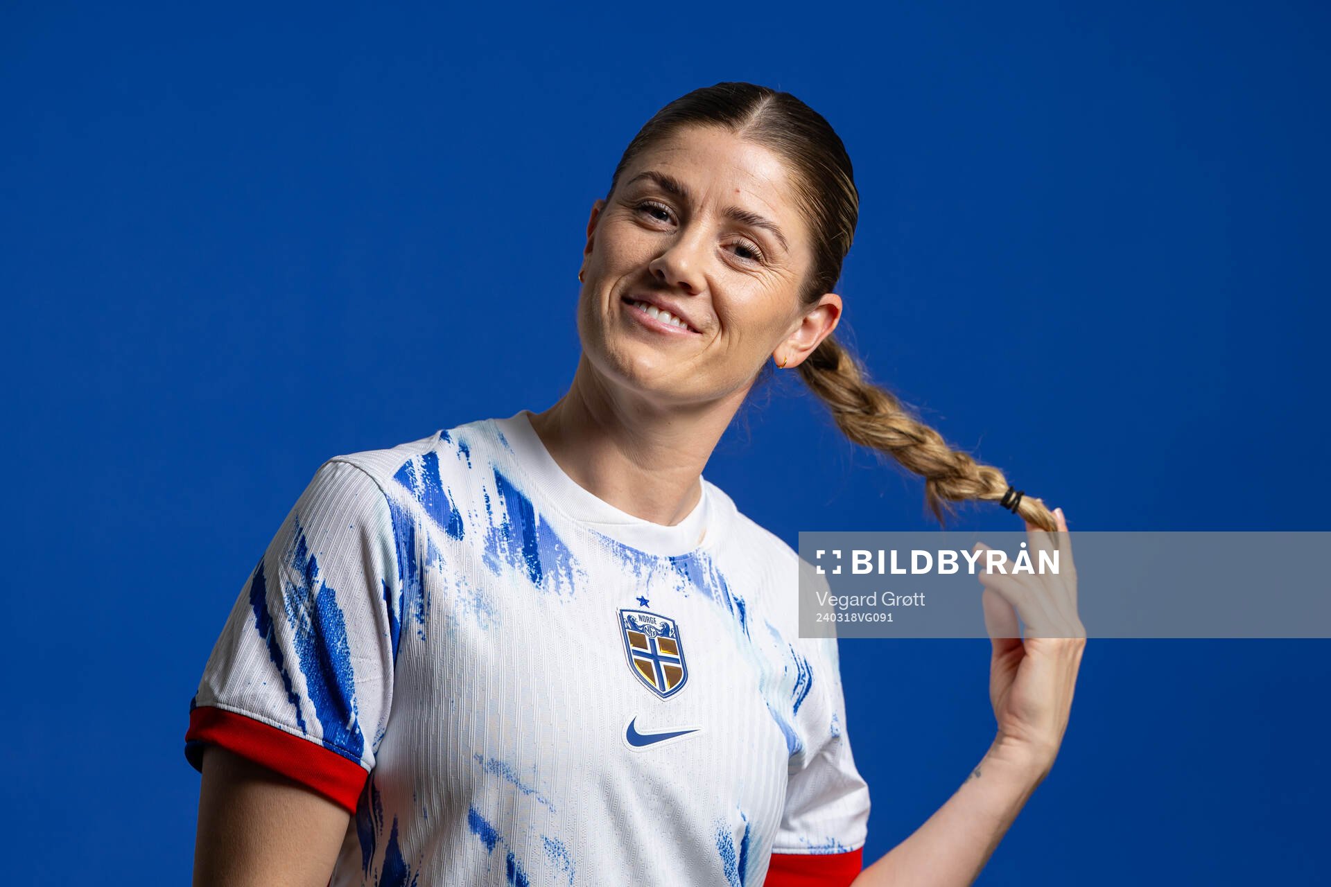 Maren Mjelde of the Norwegian national football team poses