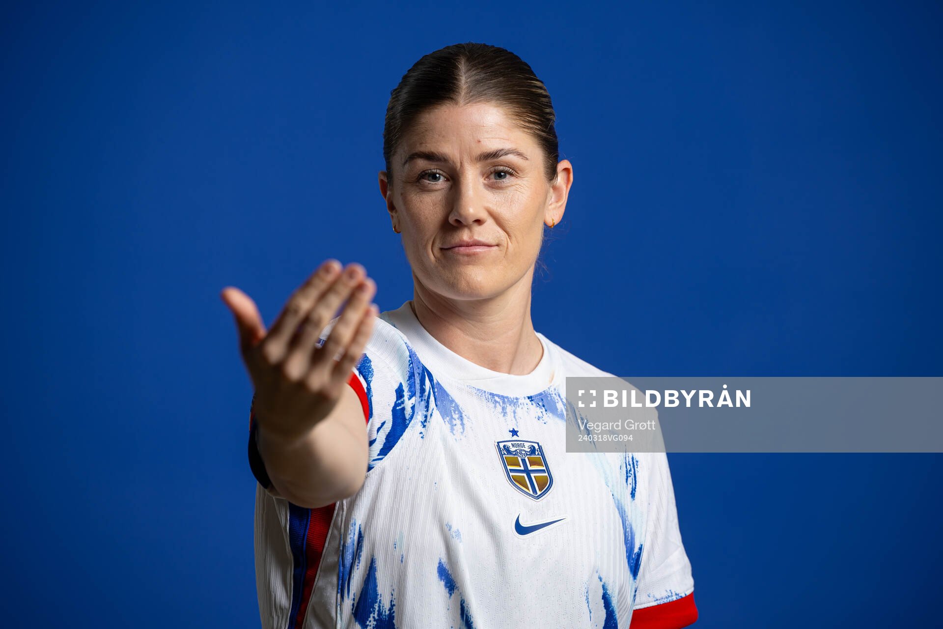 Maren Mjelde of the Norwegian national football team poses