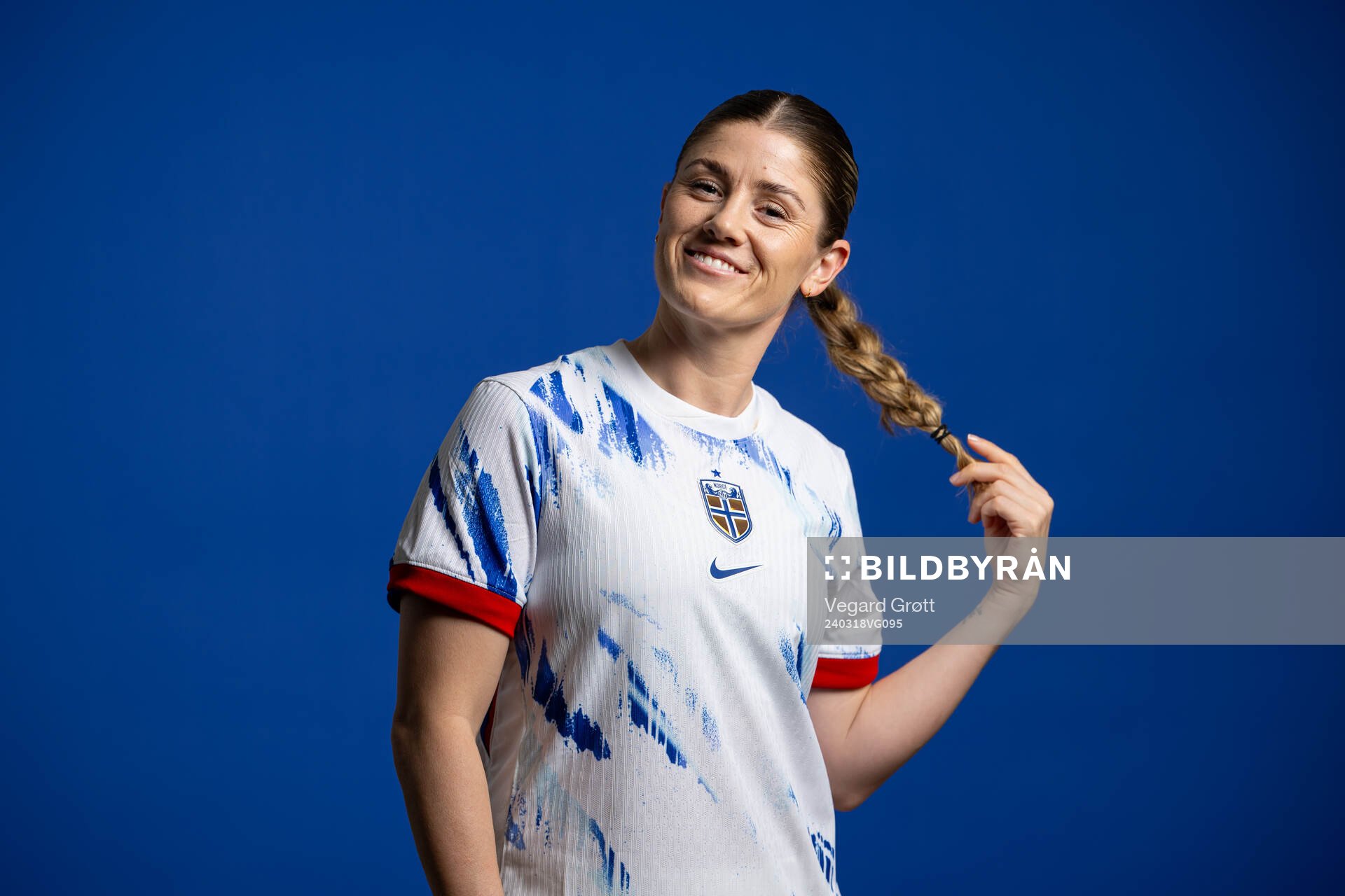 Maren Mjelde of the Norwegian national football team poses