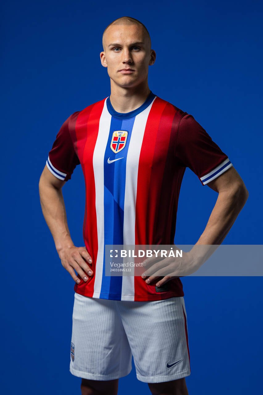 Leo Østigård of the Norwegian national football team poses for a portrait on March 4, 2024 in Napoli. 