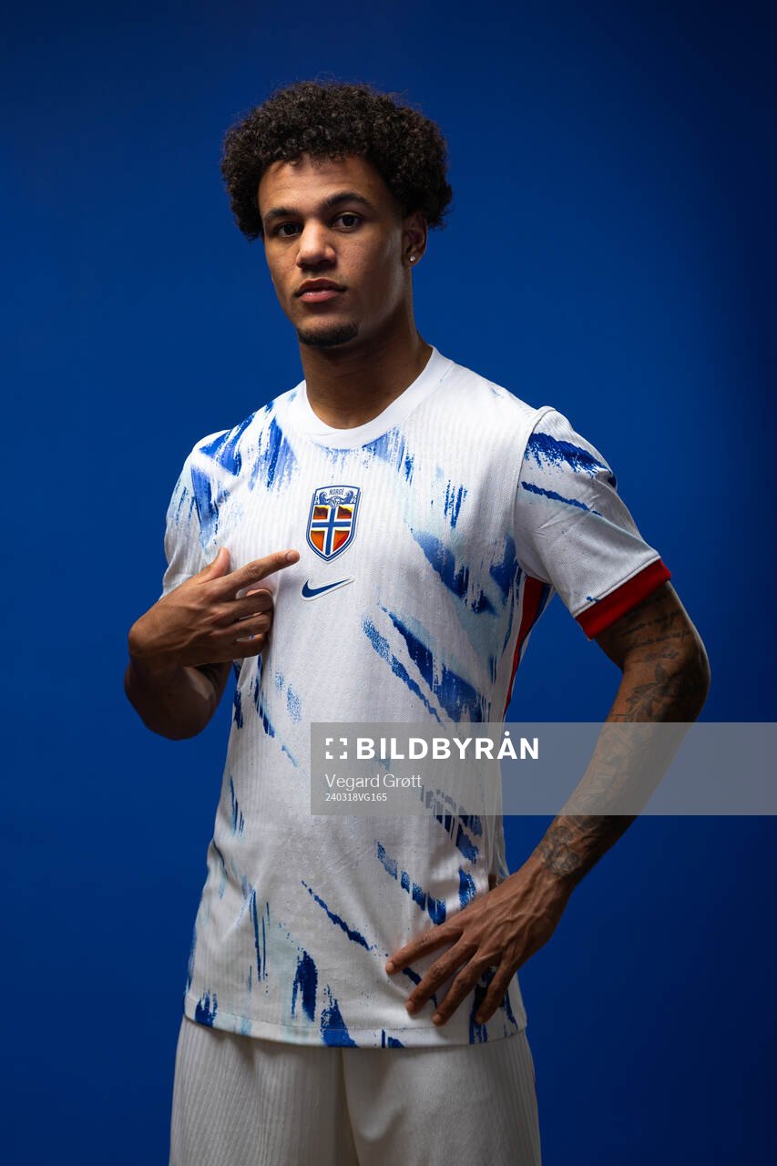 Oscar Bobb of the Norwegian national football team poses