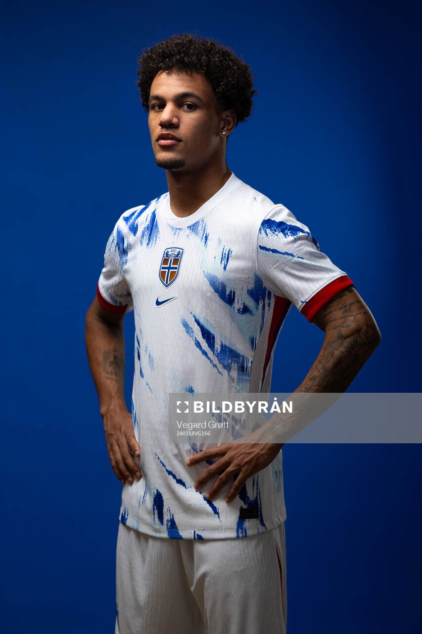 Oscar Bobb of the Norwegian national football team poses
