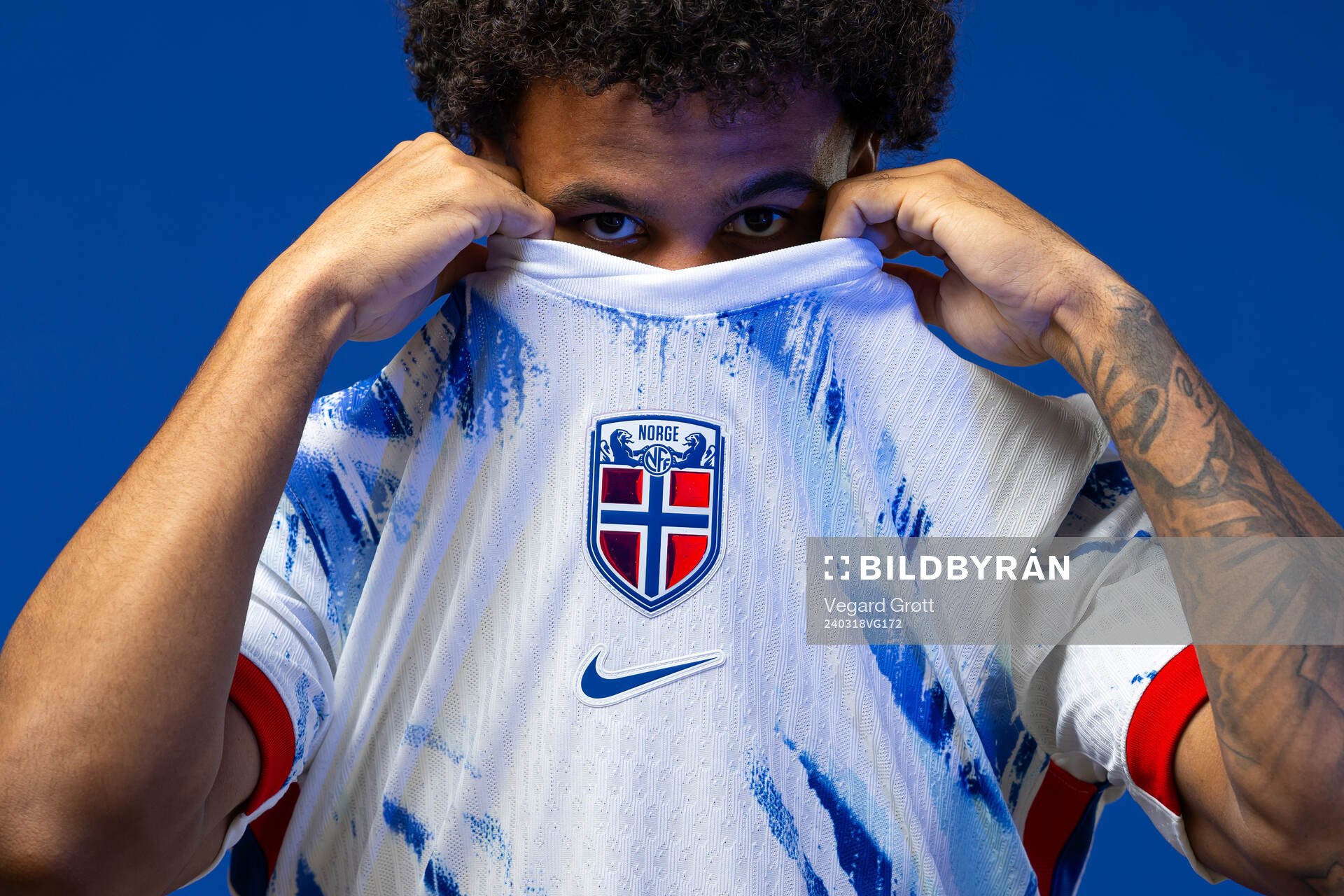 Oscar Bobb of the Norwegian national football team poses