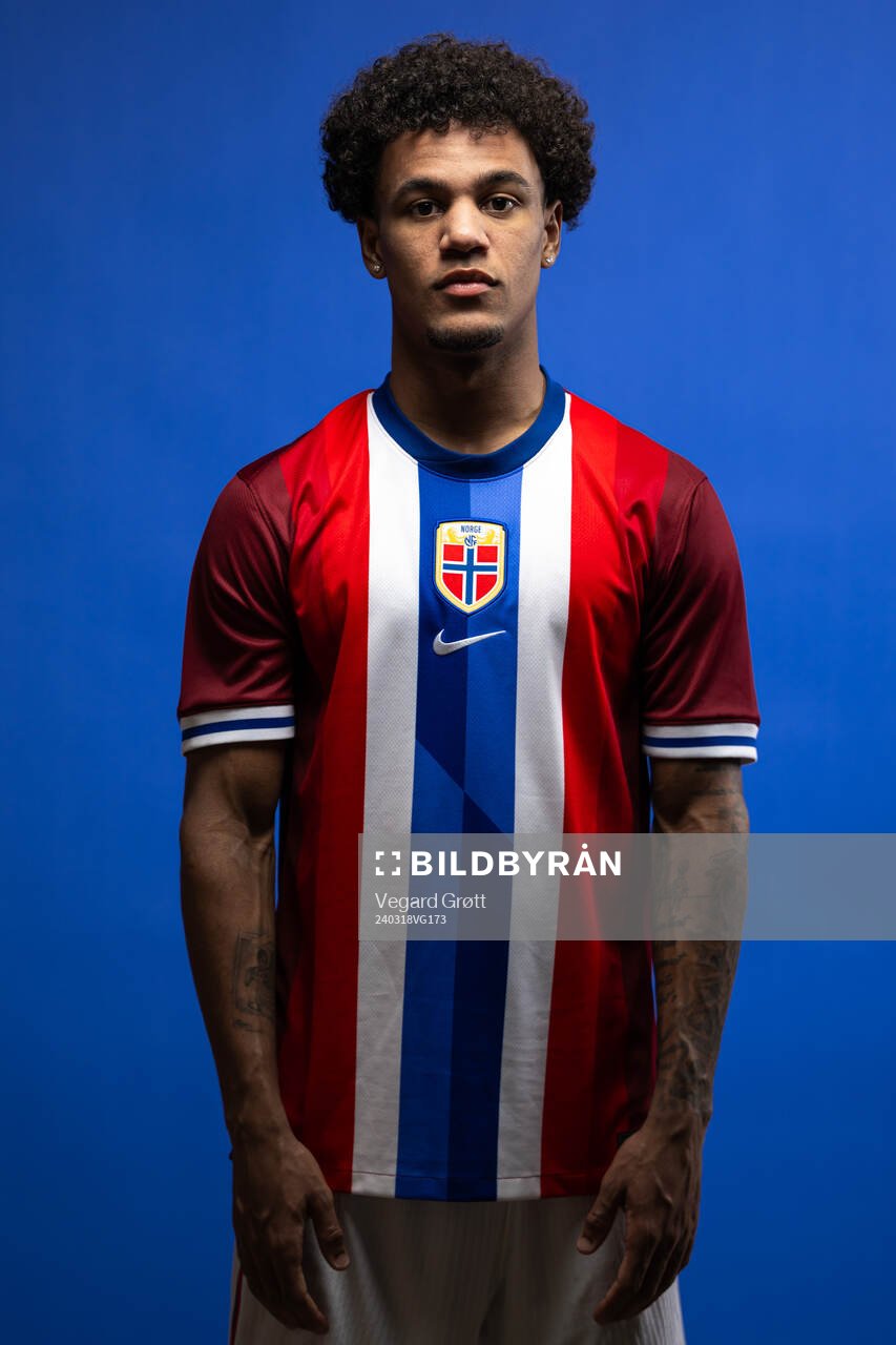 Oscar Bobb of the Norwegian national football team poses