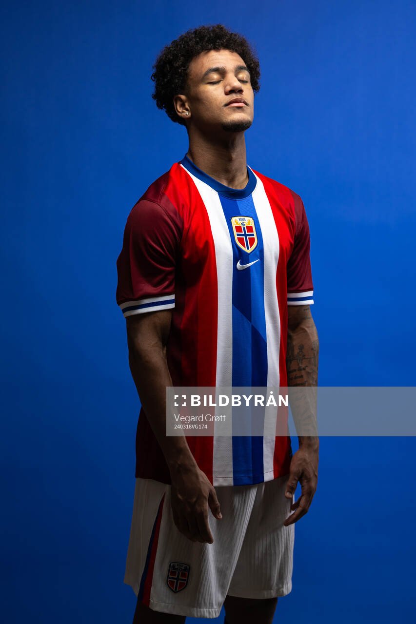 Oscar Bobb of the Norwegian national football team poses