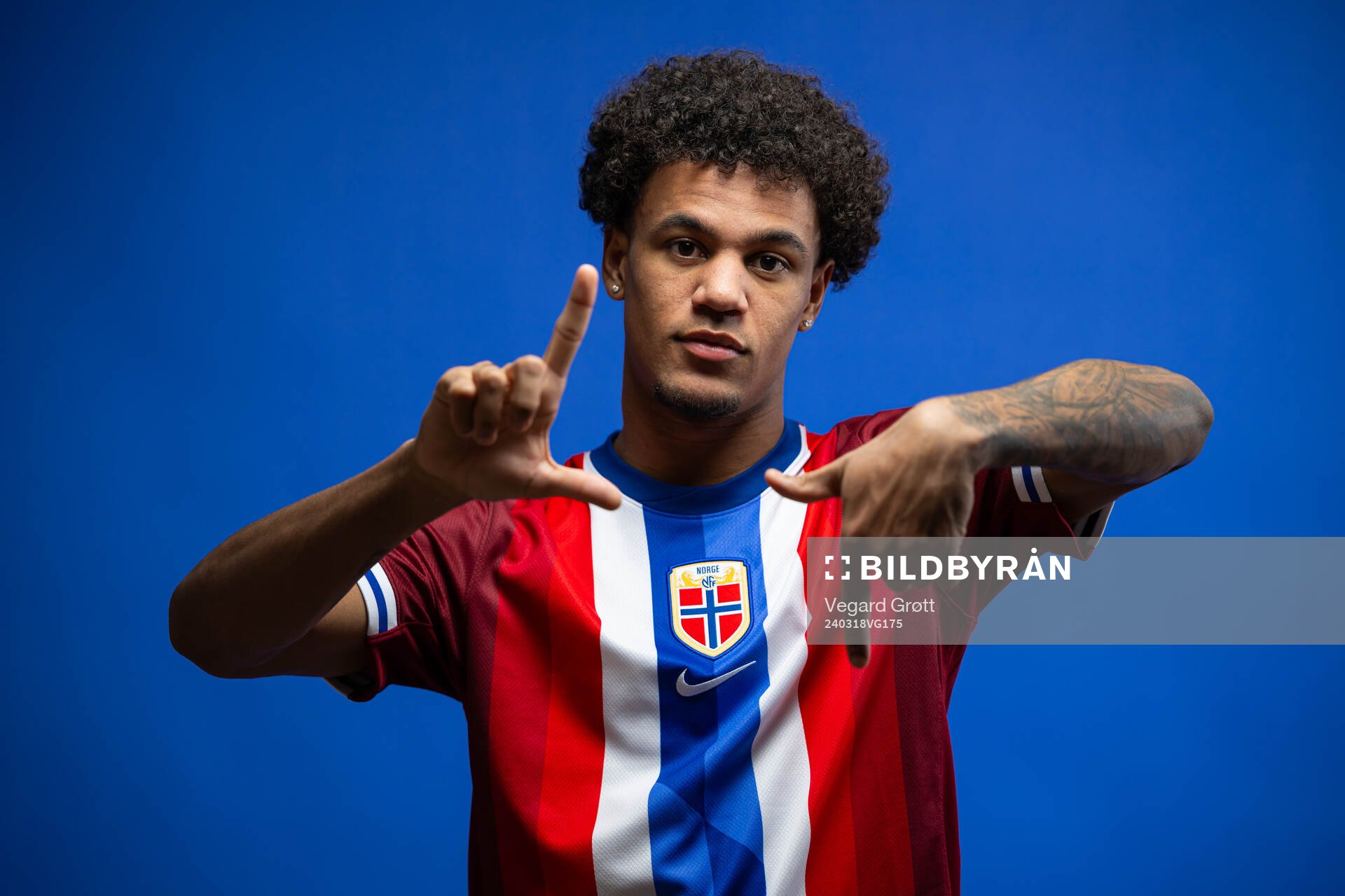 Oscar Bobb of the Norwegian national football team poses