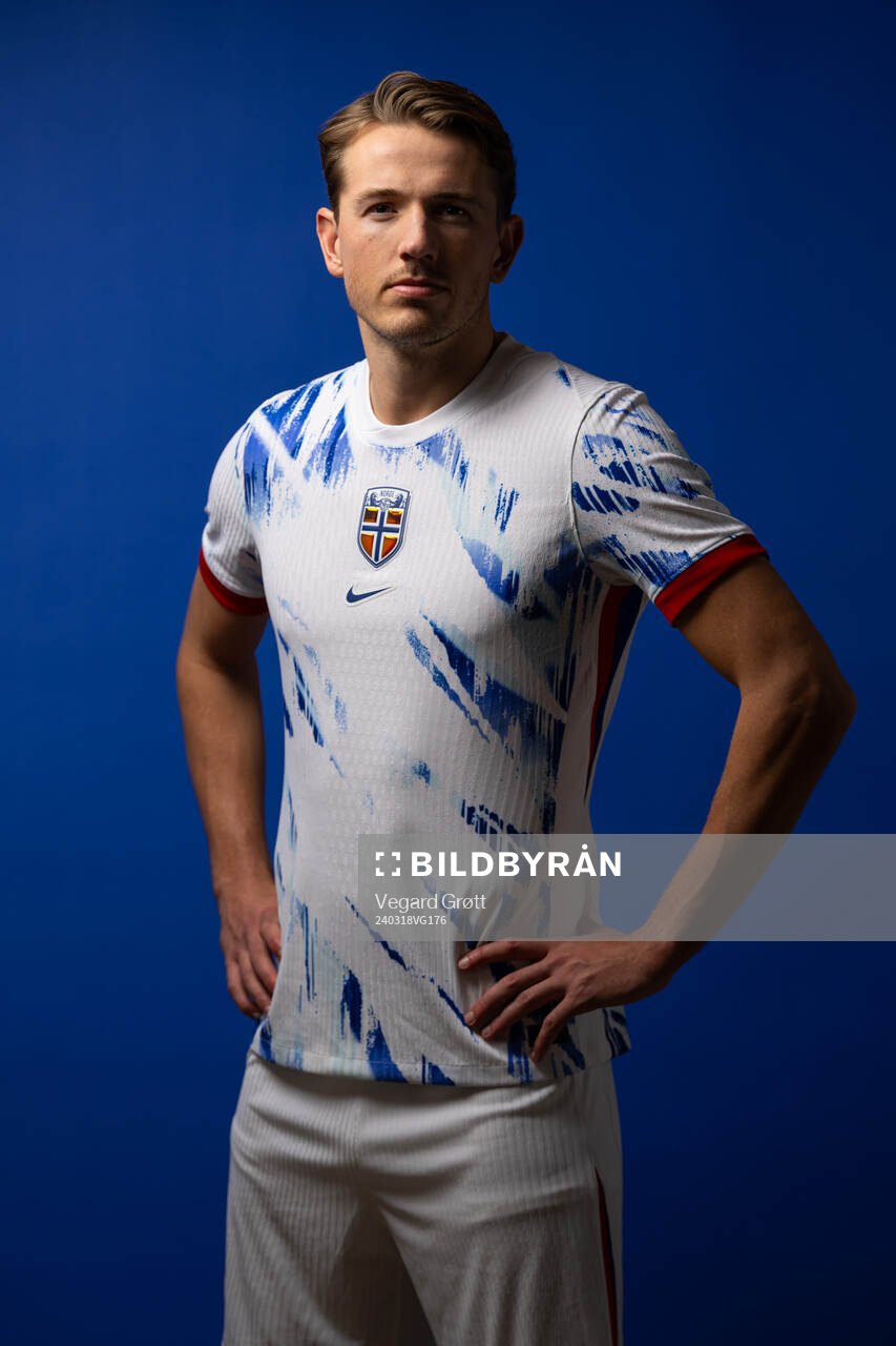 Sander Berge of the Norwegian national football team poses