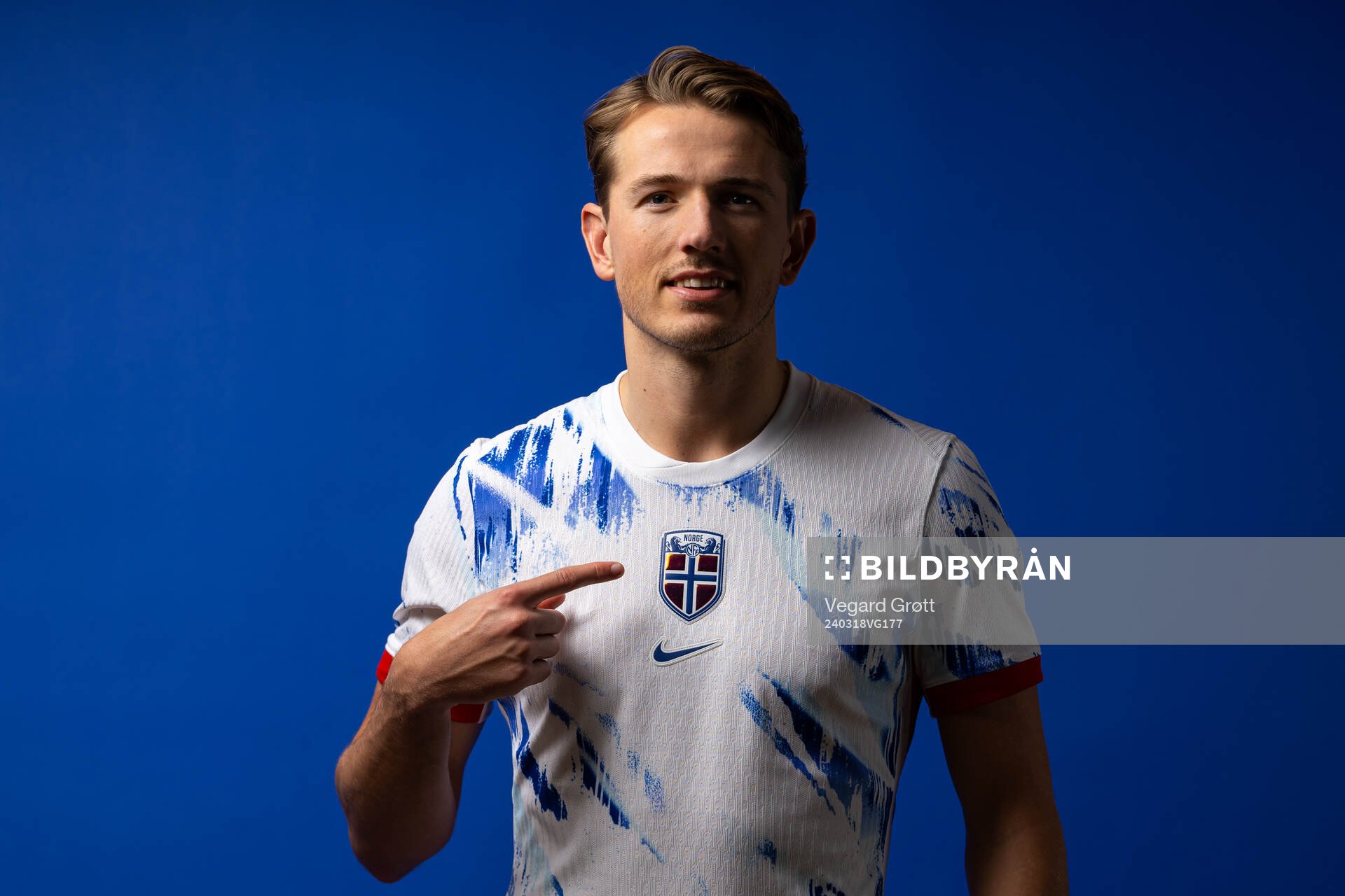 Sander Berge of the Norwegian national football team poses