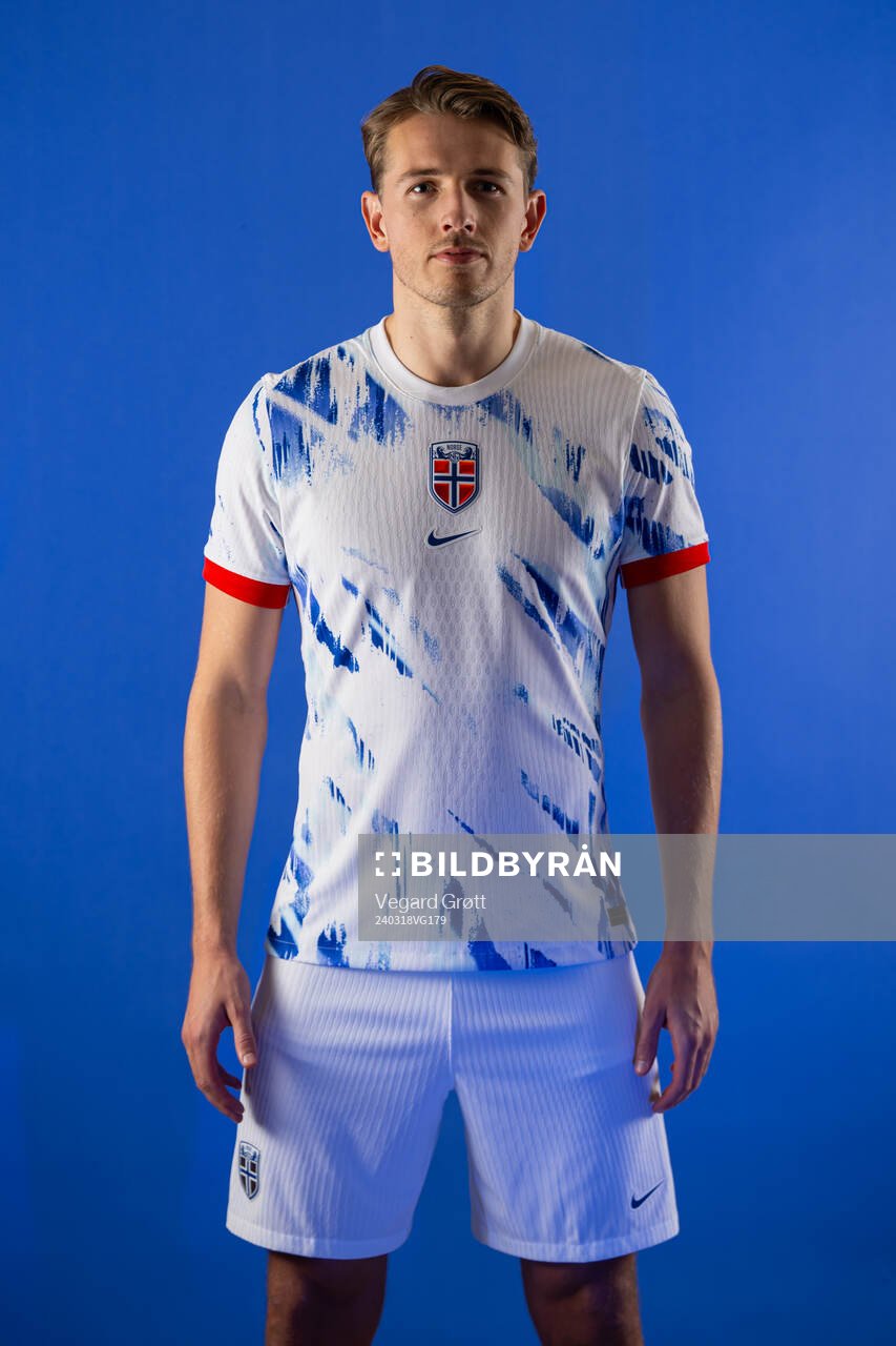 Sander Berge of the Norwegian national football team poses