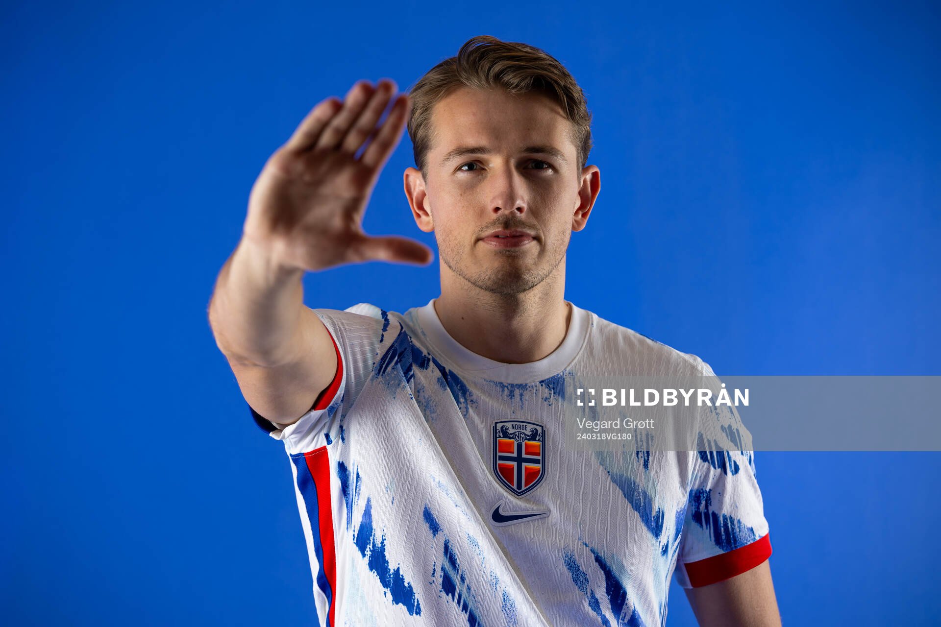 Sander Berge of the Norwegian national football team poses