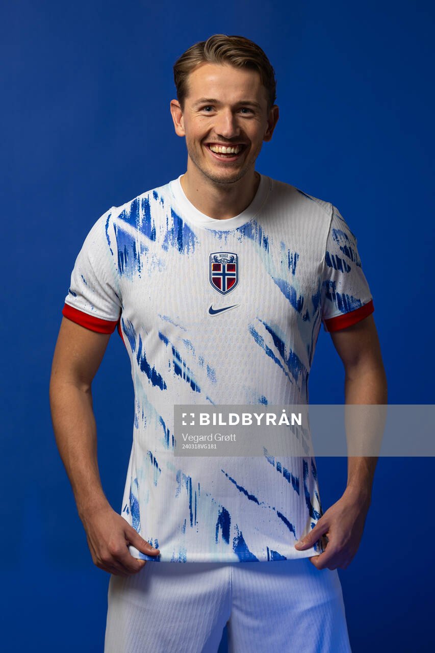 Sander Berge of the Norwegian national football team poses