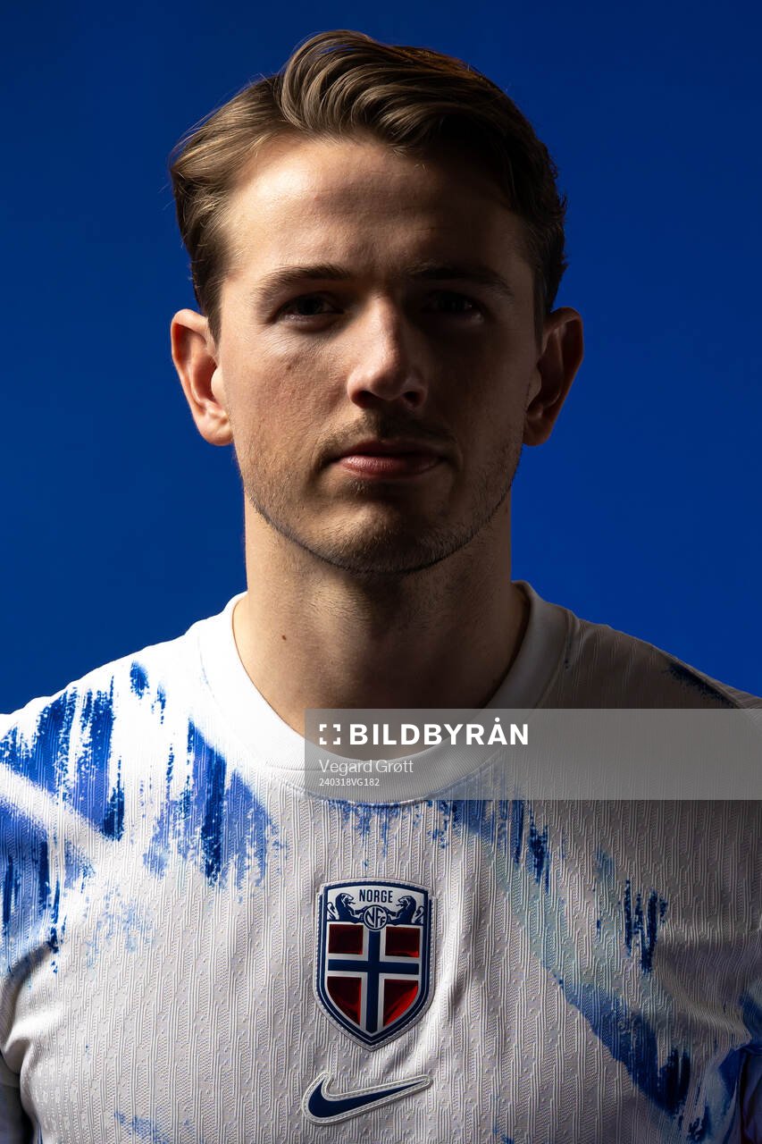 Sander Berge of the Norwegian national football team poses