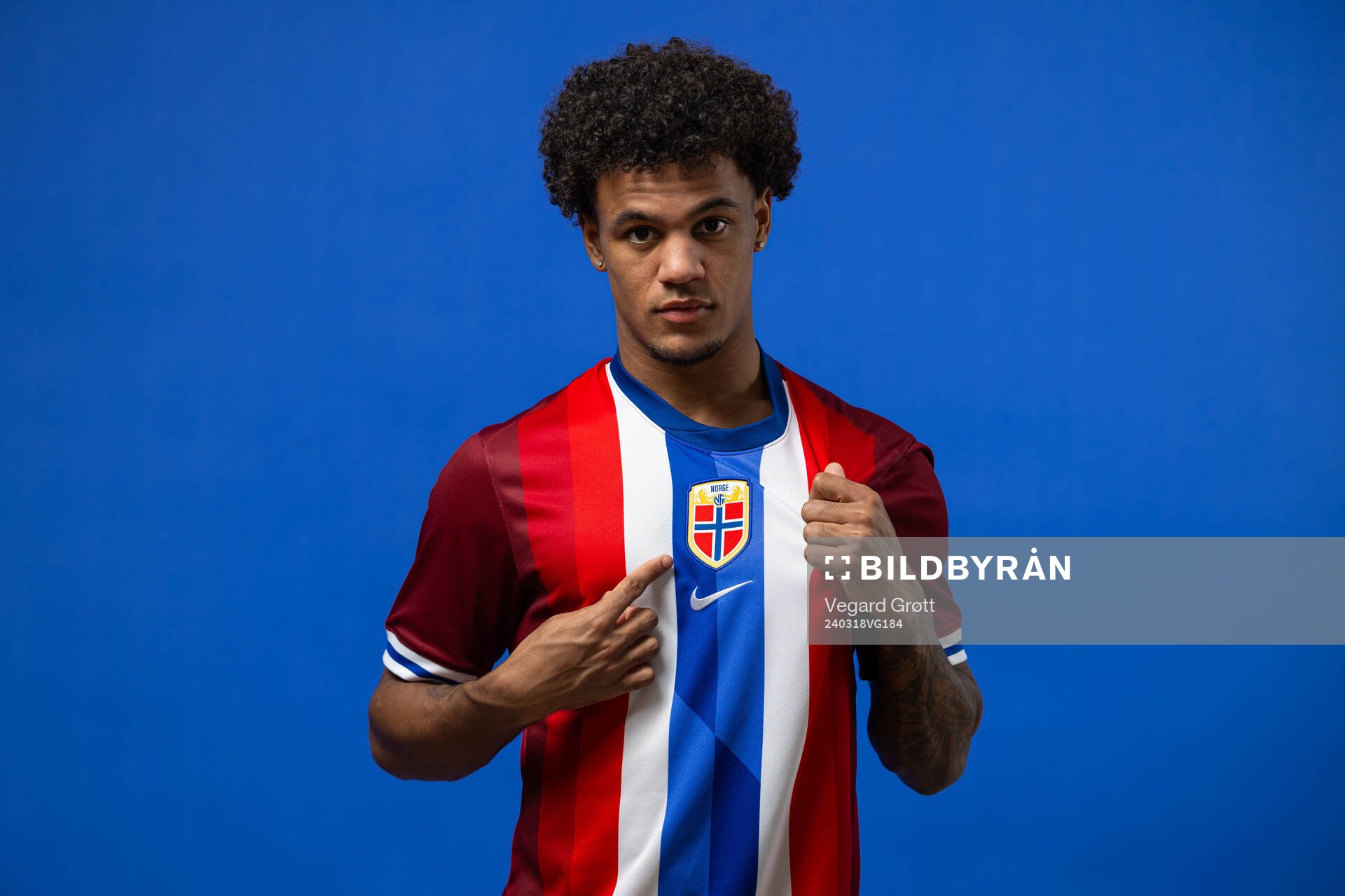 Oscar Bobb of the Norwegian national football team poses