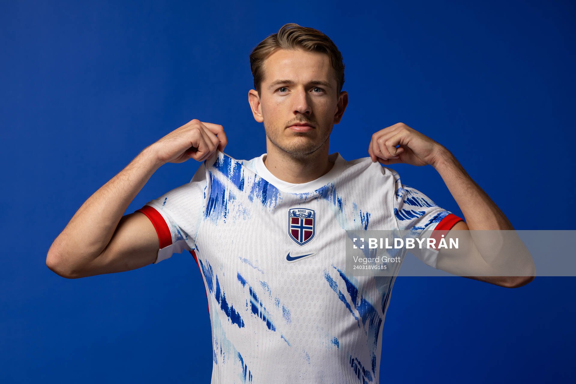 Sander Berge of the Norwegian national football team poses