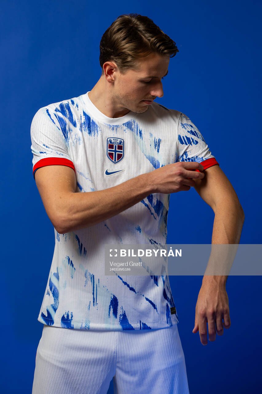 Sander Berge of the Norwegian national football team poses