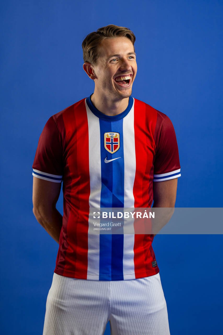 Sander Berge of the Norwegian national football team poses