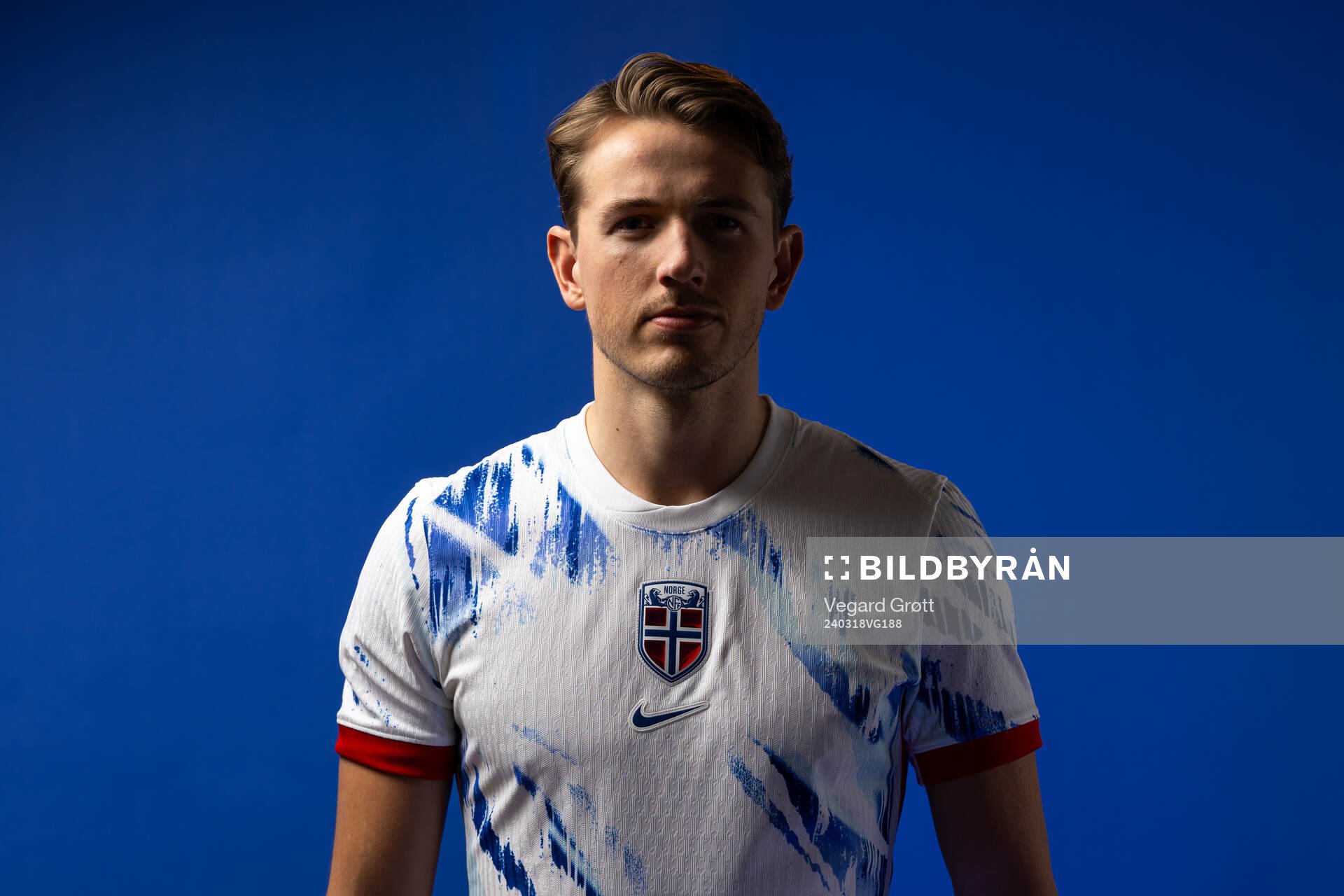 Sander Berge of the Norwegian national football team poses