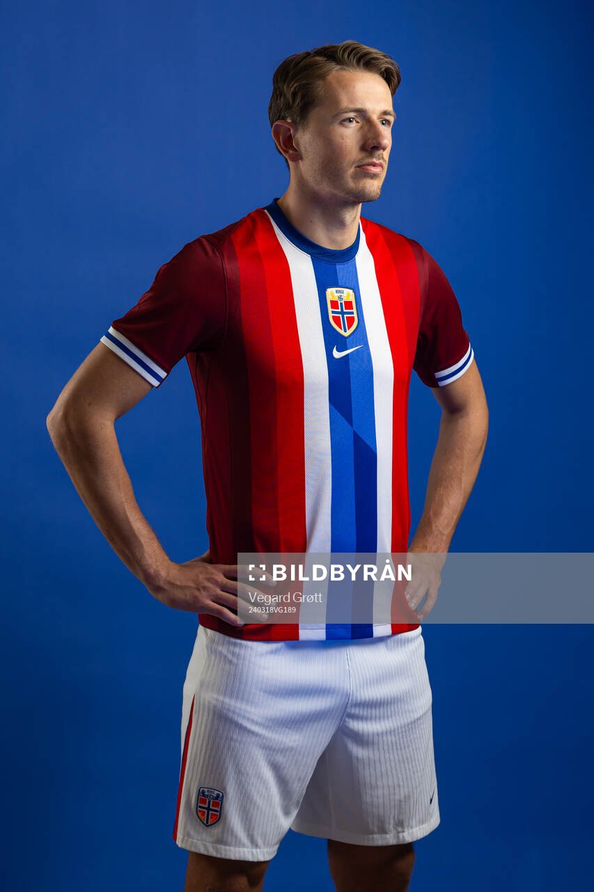 Sander Berge of the Norwegian national football team poses