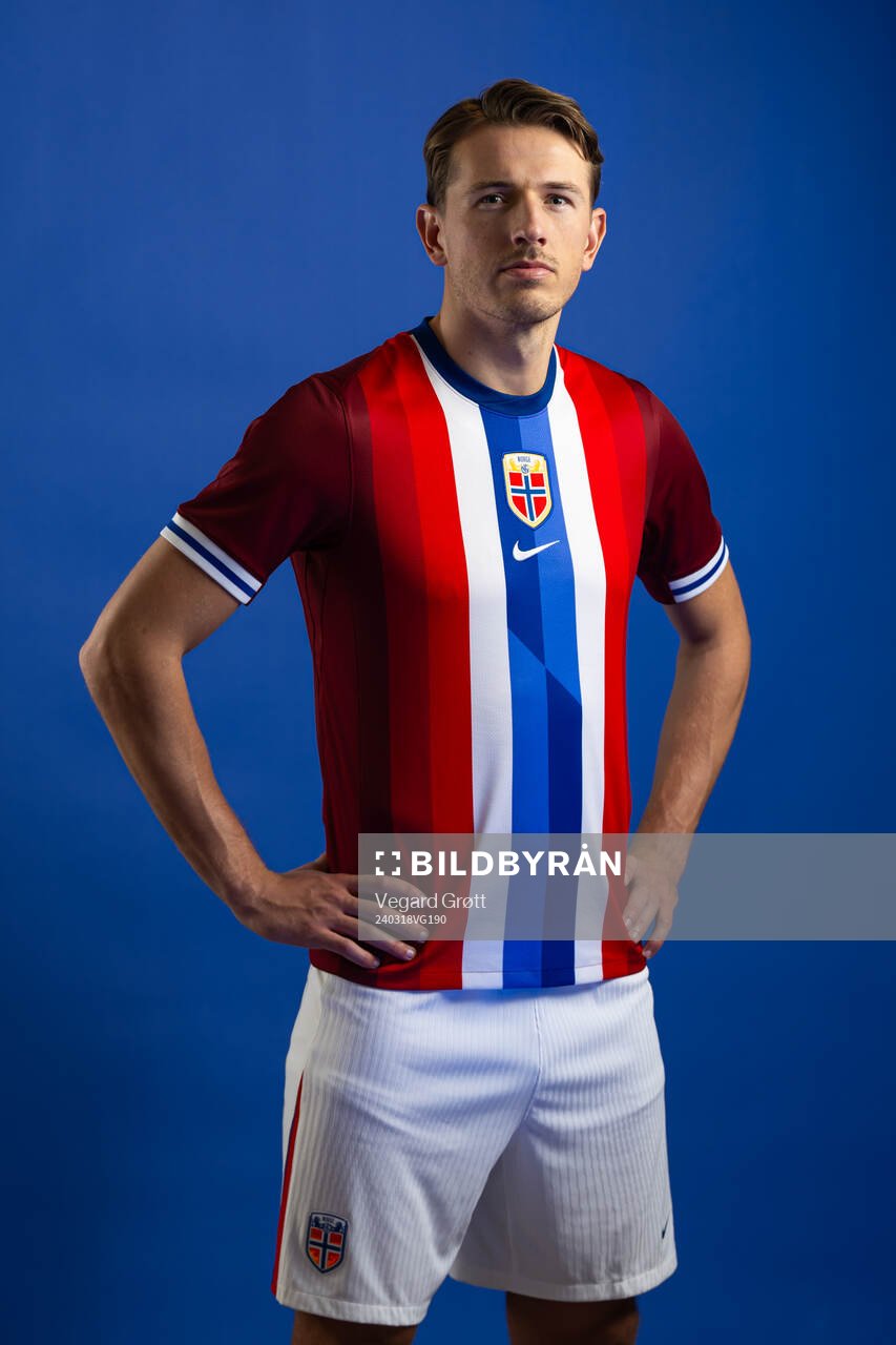 Sander Berge of the Norwegian national football team poses