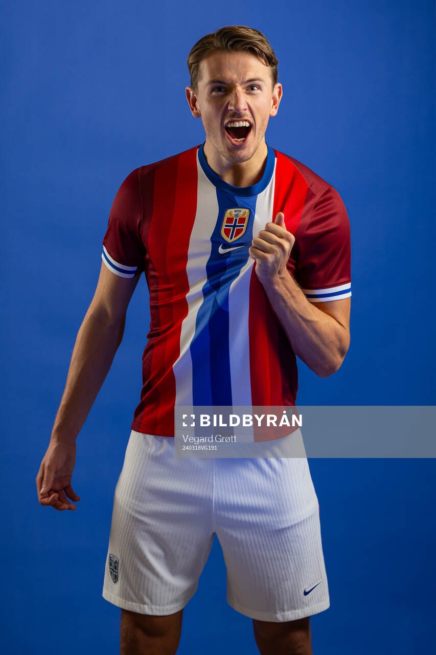 Sander Berge of the Norwegian national football team poses