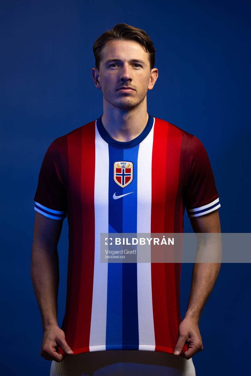 Sander Berge of the Norwegian national football team poses