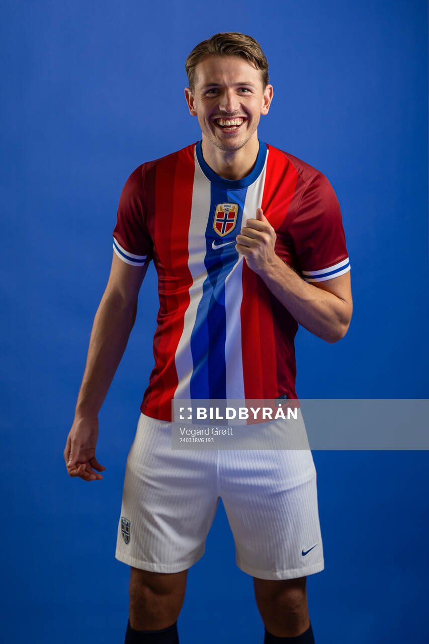 Sander Berge of the Norwegian national football team poses