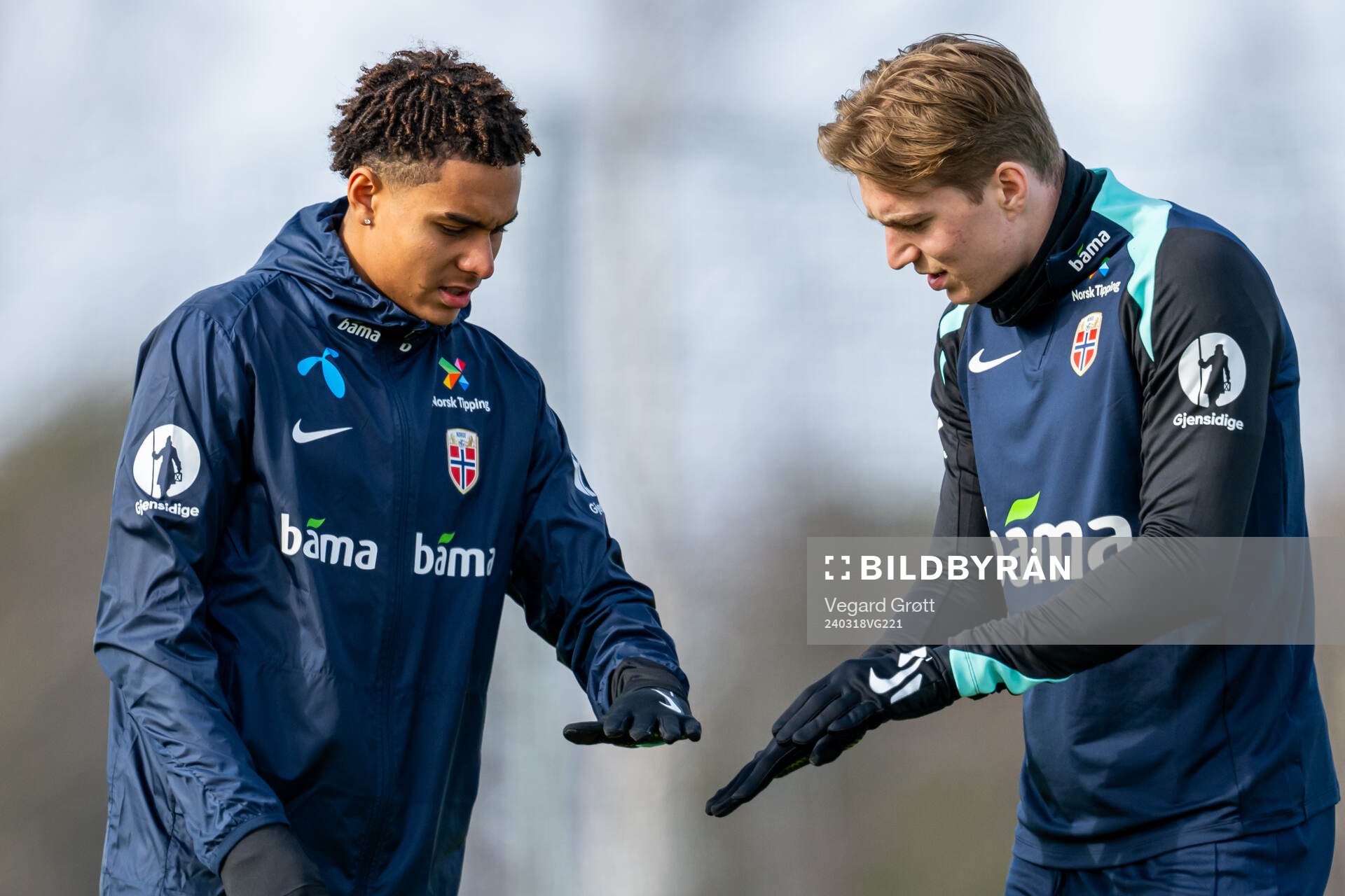 Antonio Nusa and Kristian Thorstvedt of the Norwegian
