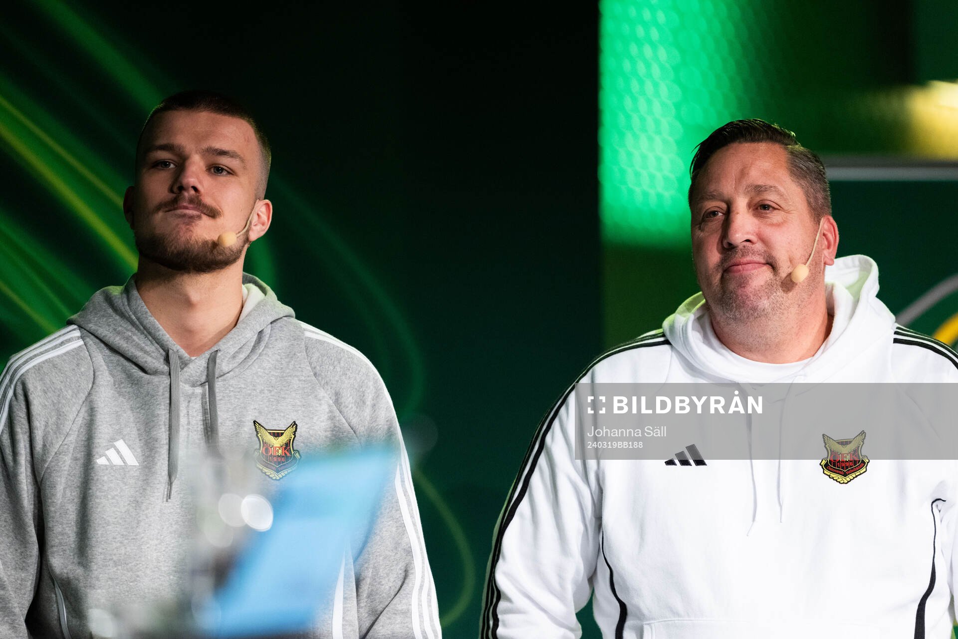 Kristian Novak och Magnus Powell, Östersund, under superettans upptaktsträff den 19 mars 2024 i Stockholm. 