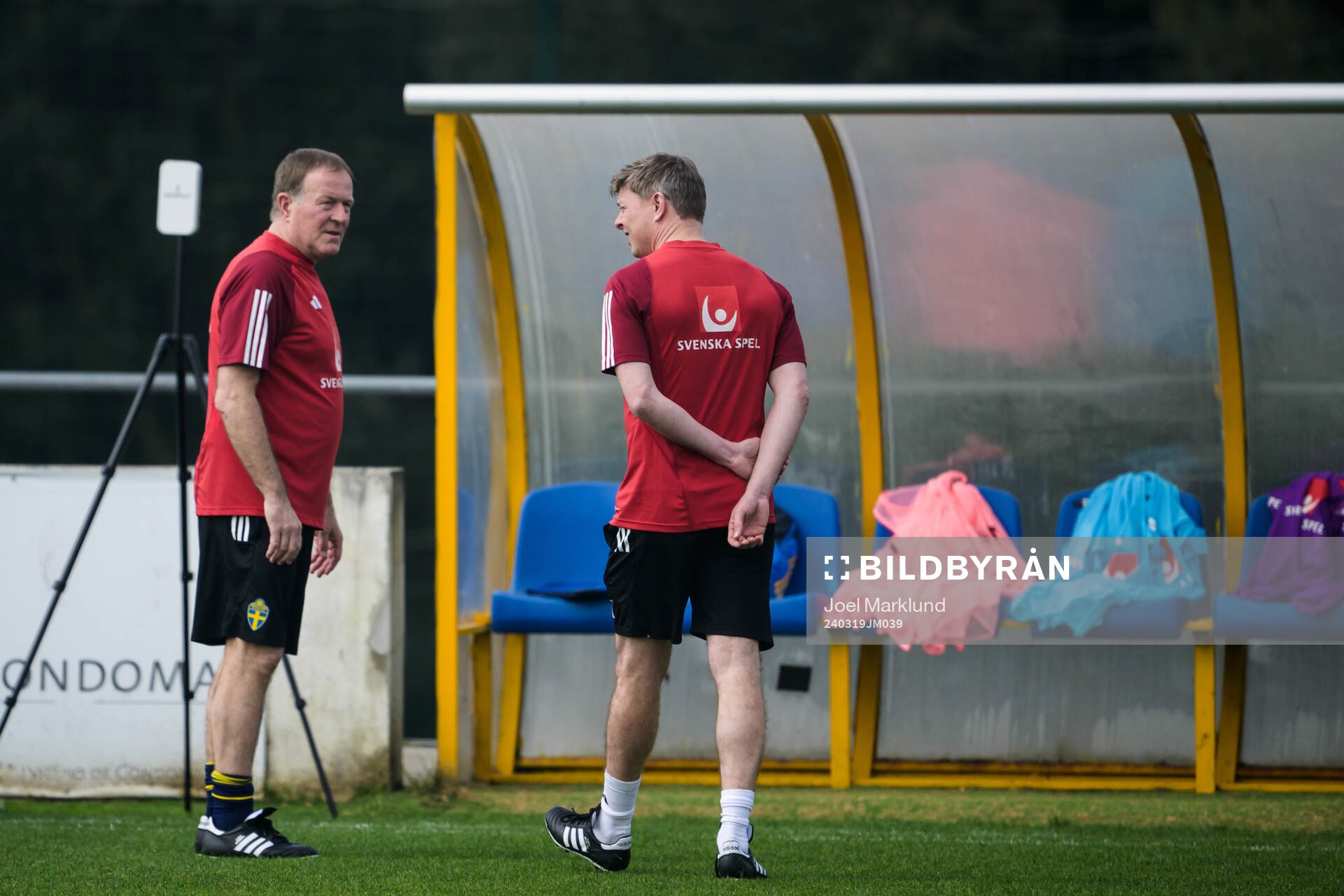 Assistant coach Remy Reijnierse and head coach Jon Dahl Tomasson of the Swedish men's national football team during a training session on March 19, 2024 in Porto.