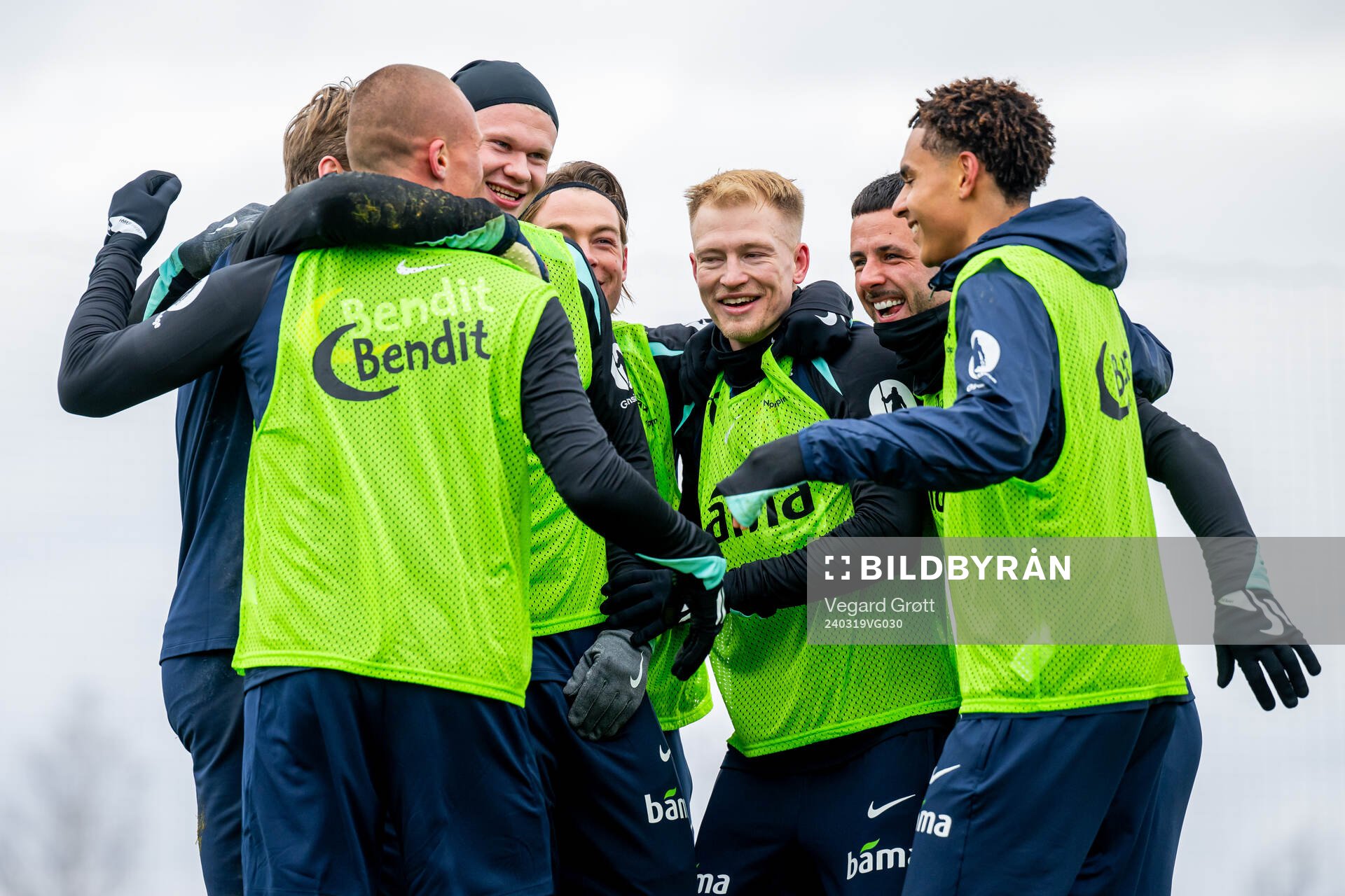 Erling Braut Haaland, Patrick Berg, Andreas Hanche-Olsen, Aron Dønnum, Antonio Nusa and players of the Norwegian national football team celebrate during a training session on March 19, 2024 in Lillestrøm.