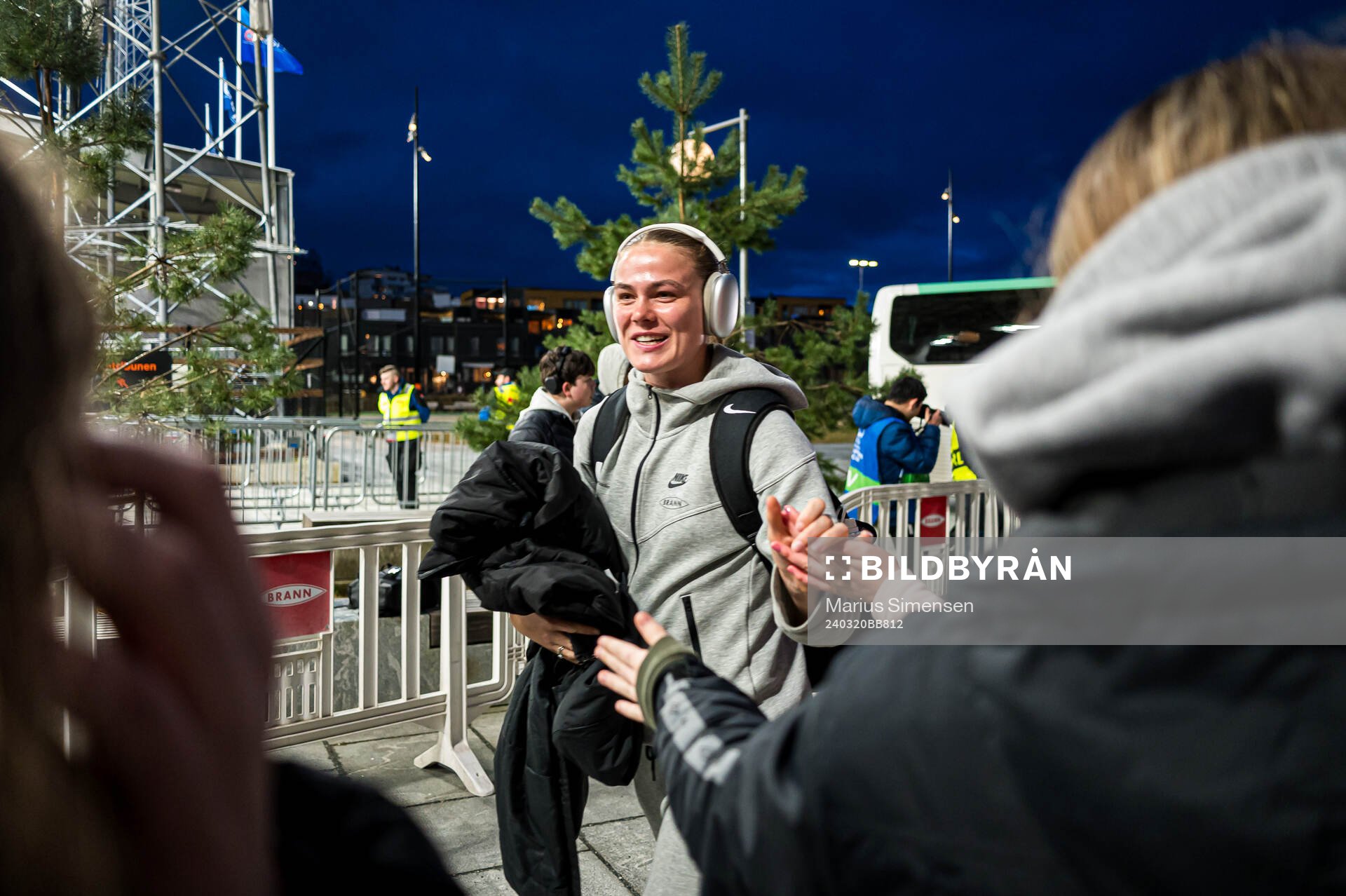 Marthine Østenstad of Brann arrives ahead of the UEFA Women's Champions League quarterfinal football match between Brann and Barcelona on March 20, 2024 in Bergen.