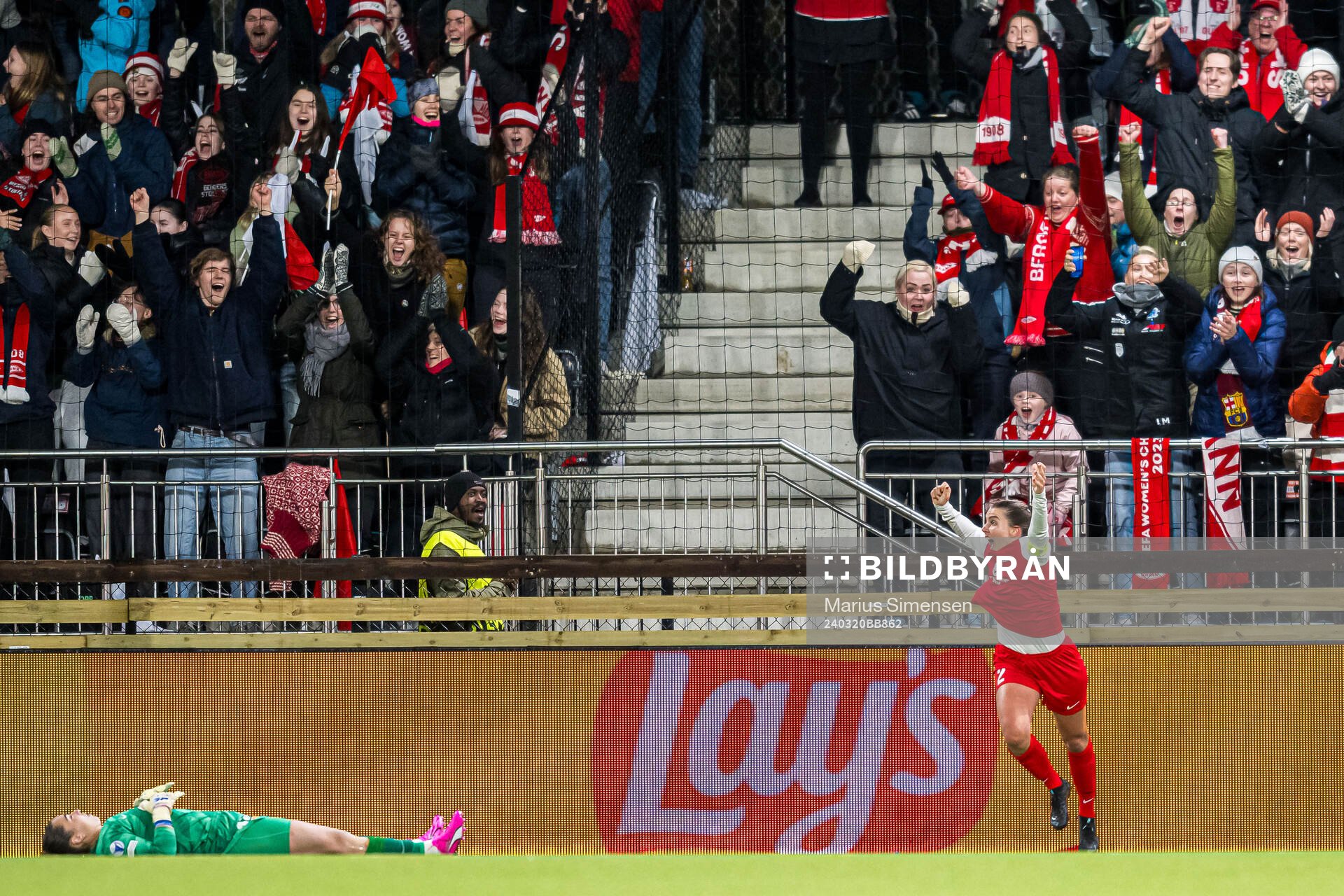 Cecilie Kvamme of Brann celebrates after scoring the 1-1 goal during the UEFA Women's Champions League quarterfinal football match between Brann and Barcelona on March 20, 2024 in Bergen.