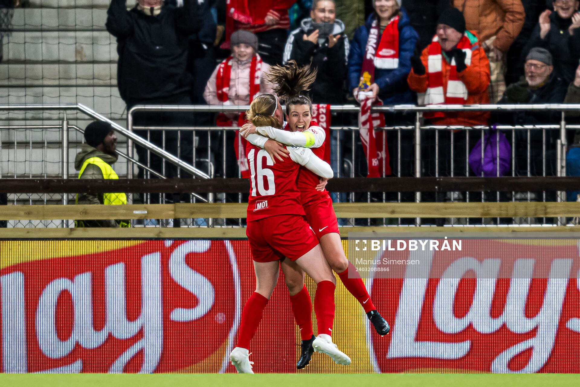 Cecilie Kvamme of Brann celebrates after scoring the 1-1 goal during the UEFA Women's Champions League quarterfinal football match between Brann and Barcelona on March 20, 2024 in Bergen.