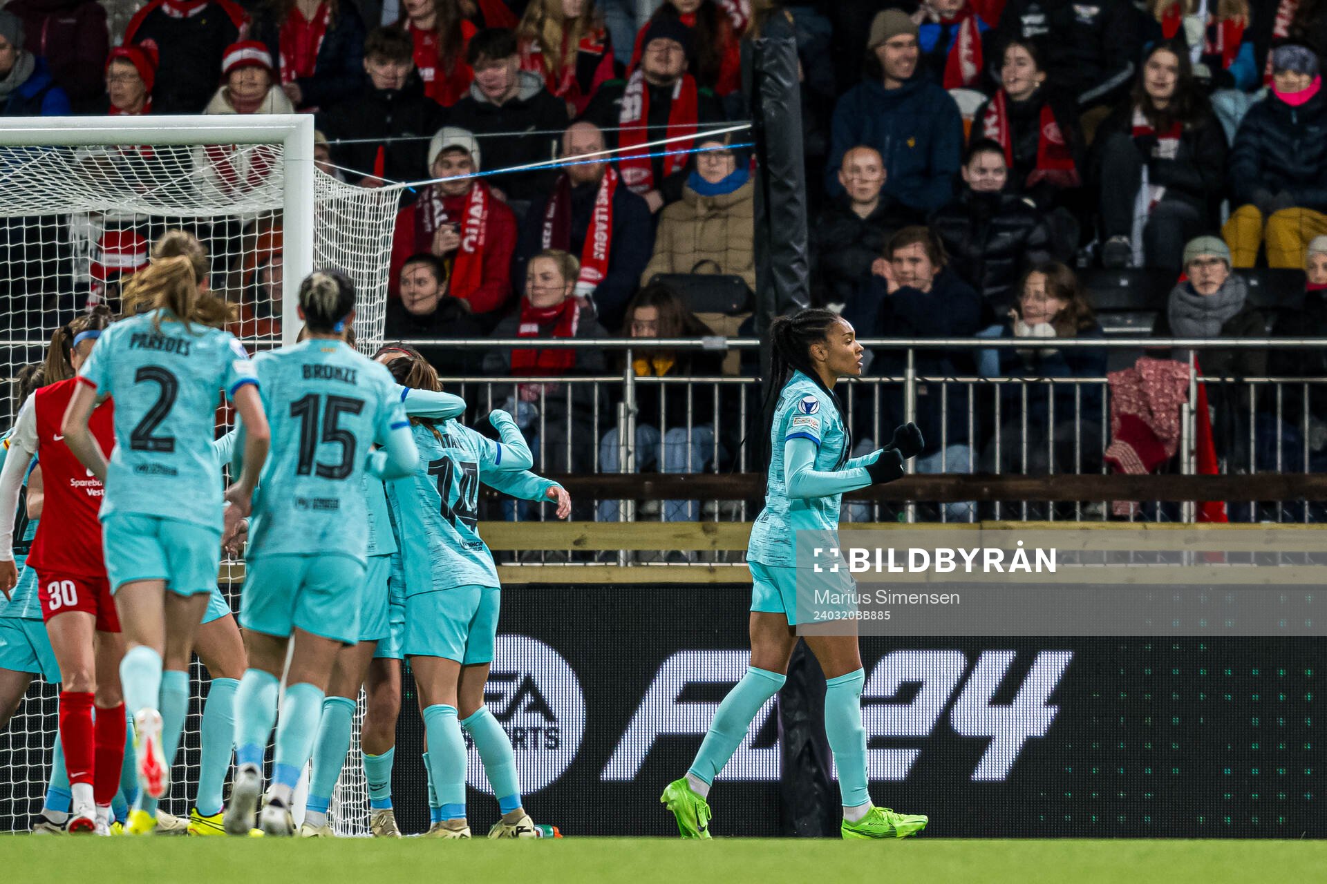 Salma Paralluelo of Barcelona celebrates after scoring the 1-2 goal during the UEFA Women's Champions League quarterfinal football match between Brann and Barcelona on March 20, 2024 in Bergen.