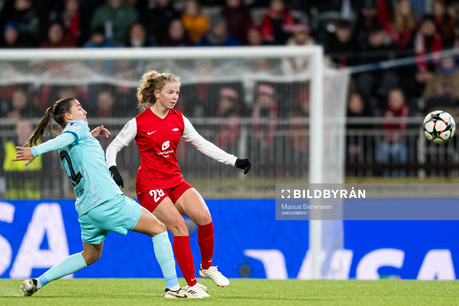 Justine Kielland of Brann during the UEFA Women's Champions League quarterfinal football match between Brann and Barcelona on March 20, 2024 in Bergen.